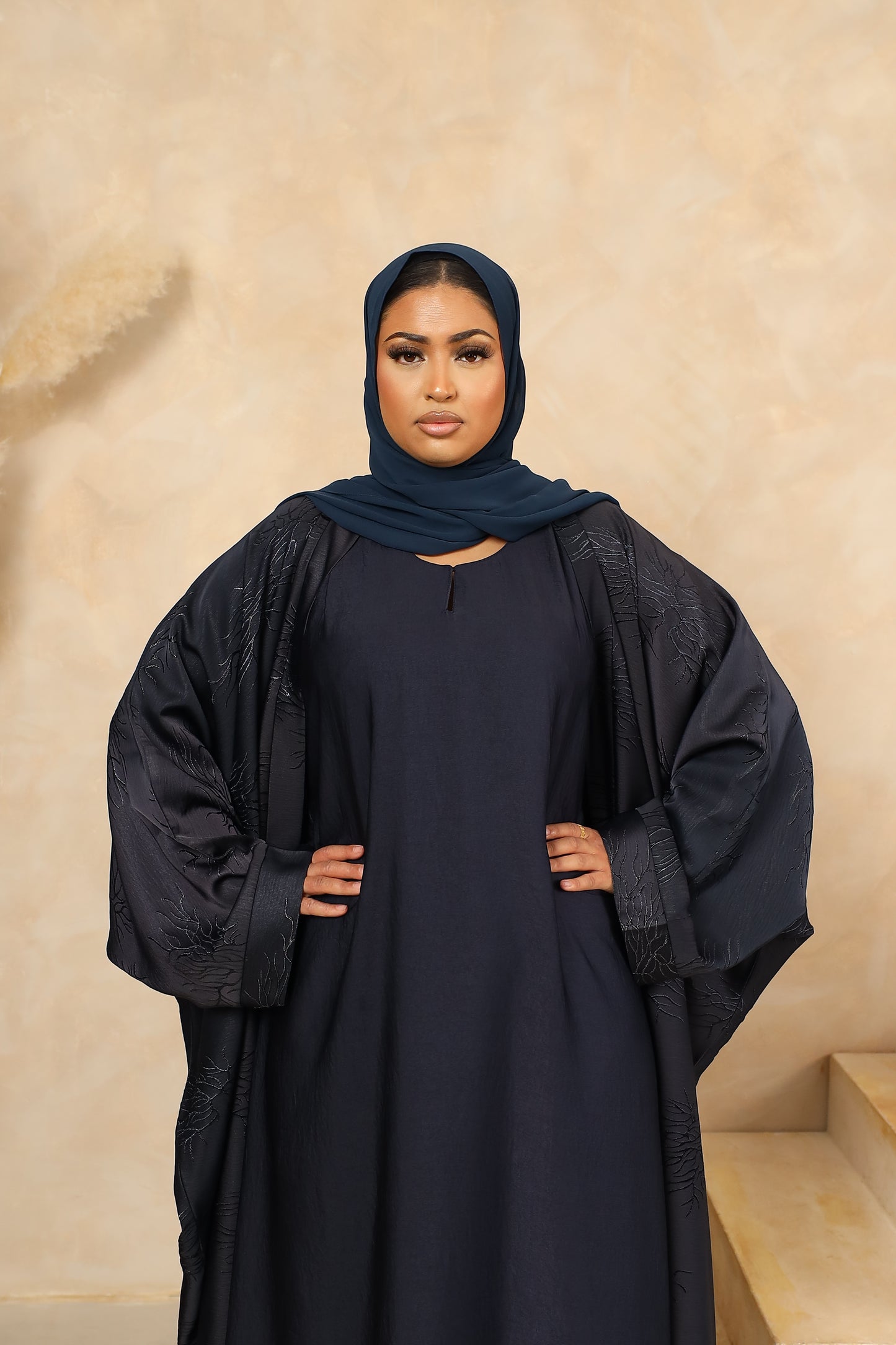 Jacquard Farasha open jacket abaya & inner slip Midnight Navy -  4 piece set