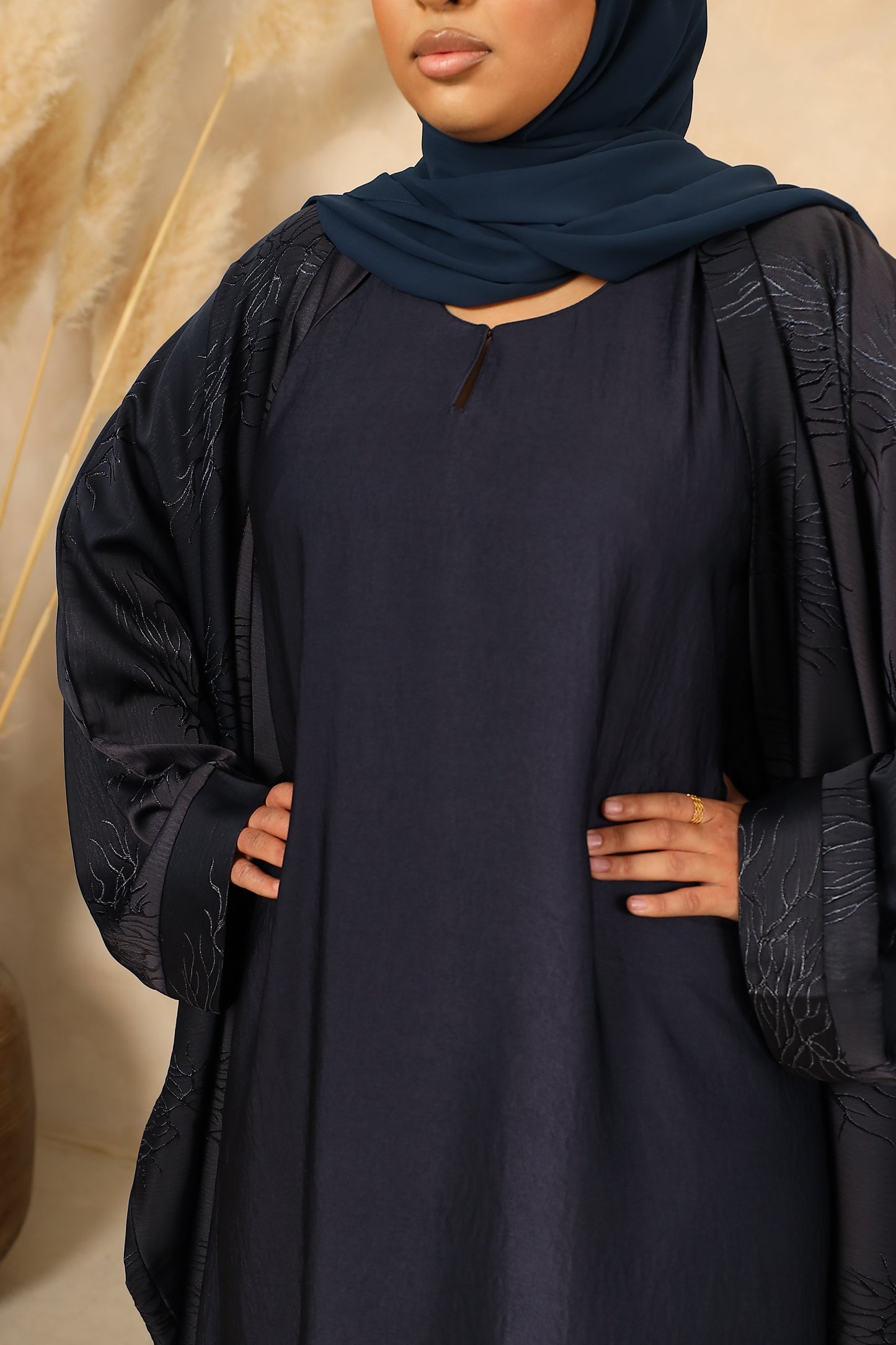 Jacquard Farasha open jacket abaya & inner slip Midnight Navy -  4 piece set