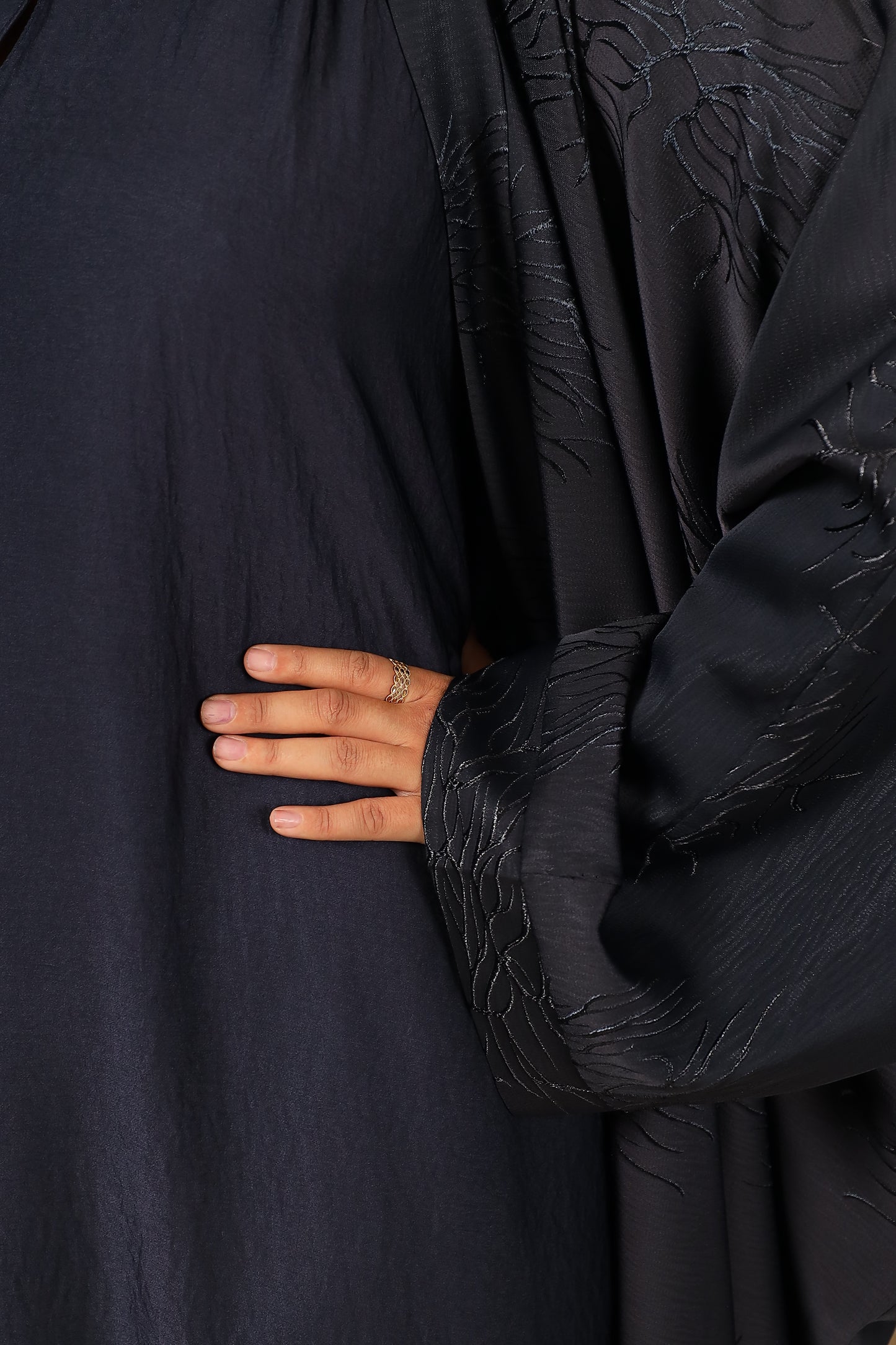 Jacquard Farasha open jacket abaya & inner slip Midnight Navy -  4 piece set