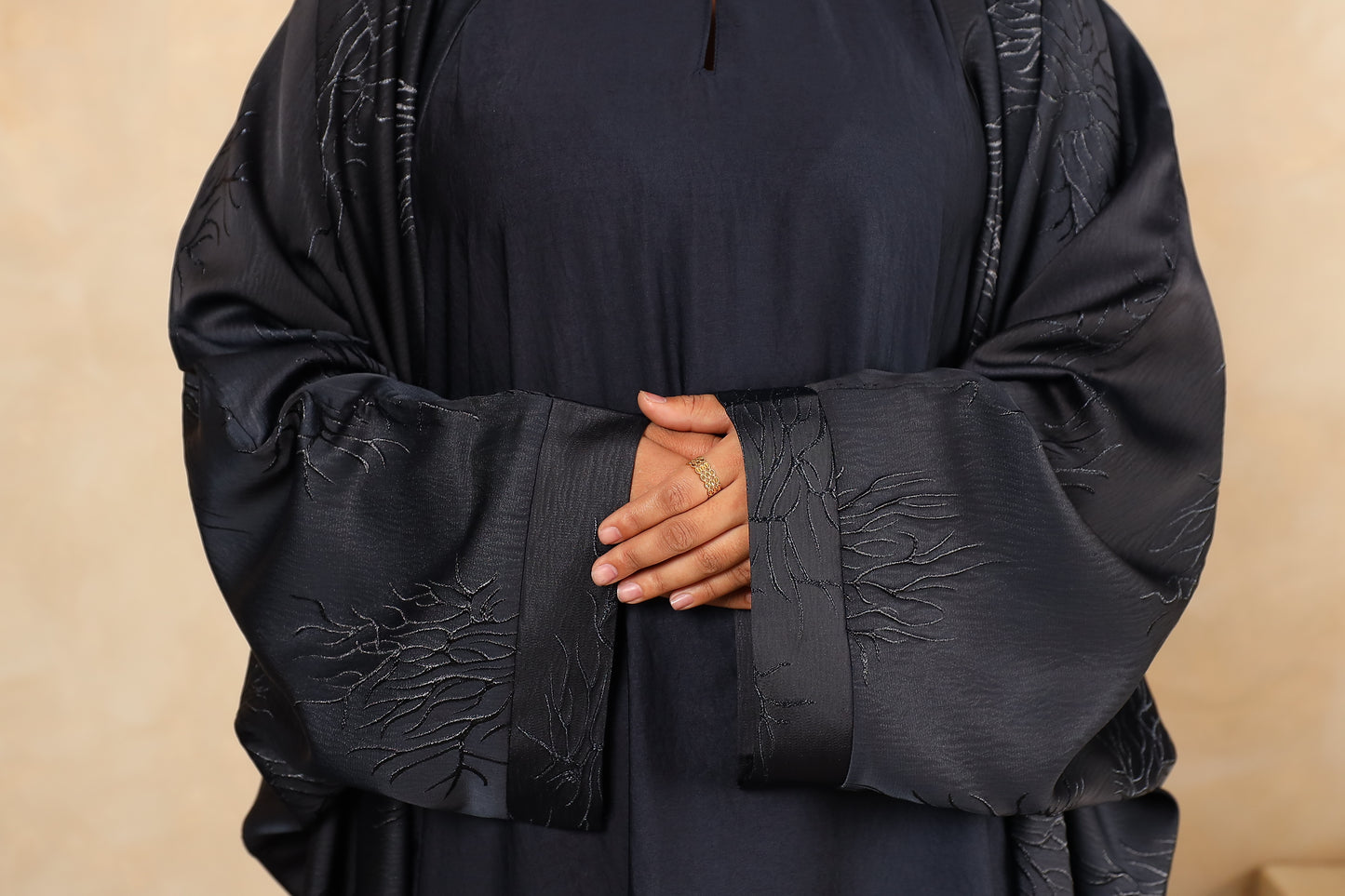 Jacquard Farasha open jacket abaya & inner slip Midnight Navy -  4 piece set