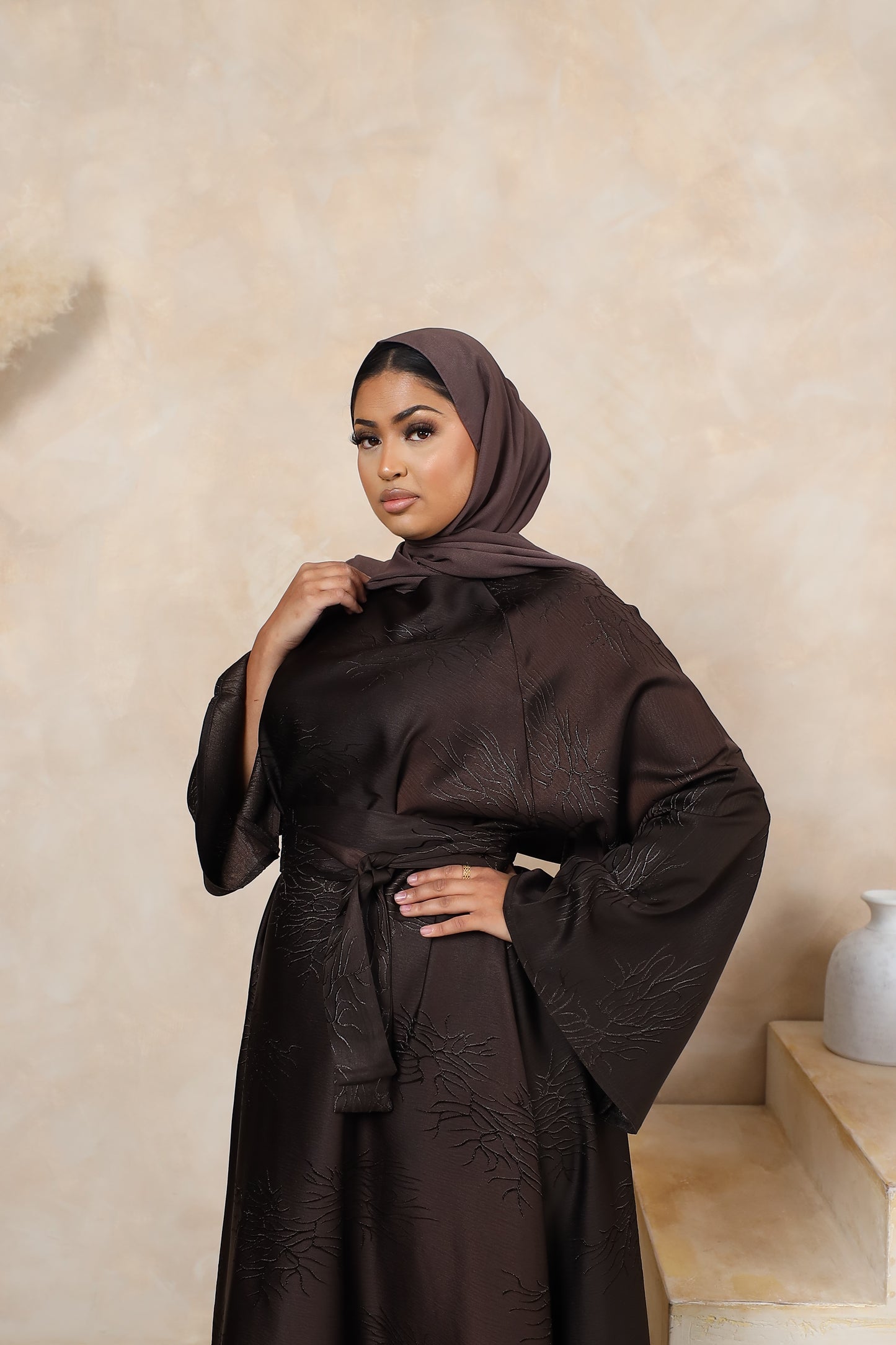 Jacquard Djamila Abaya Flare in Dark brown