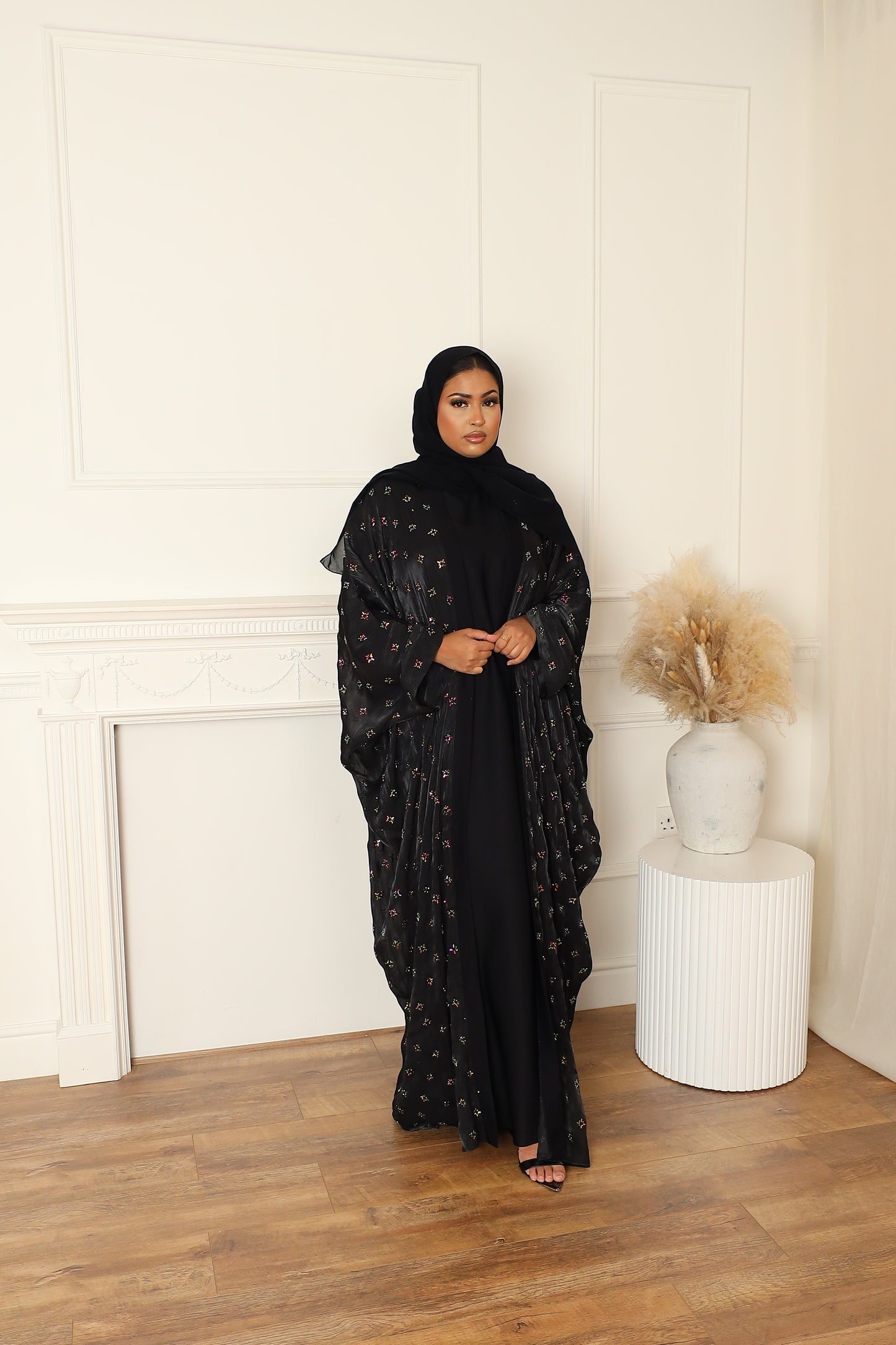 Zayna Stone embellished Organza Farasha Open Jacket with Inner Abaya Black