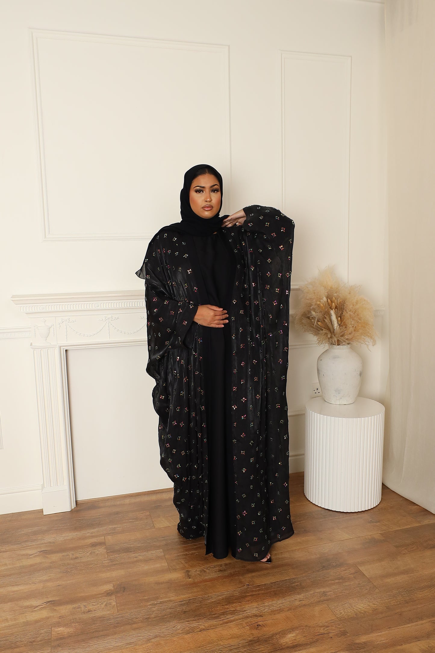 Zayna Stone embellished Organza Farasha Open Jacket with Inner Abaya Black