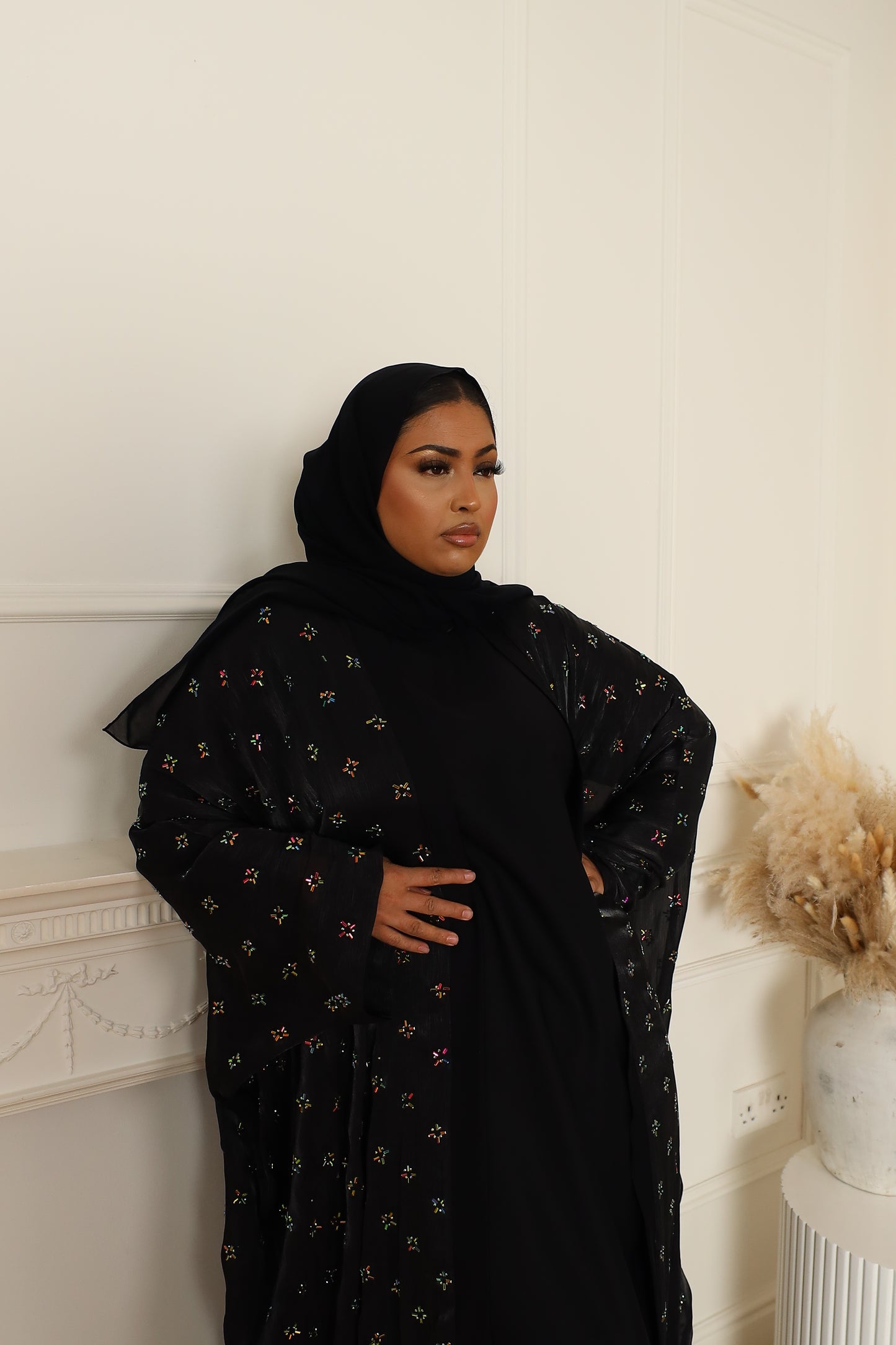 Zayna Stone embellished Organza Farasha Open Jacket with Inner Abaya Black