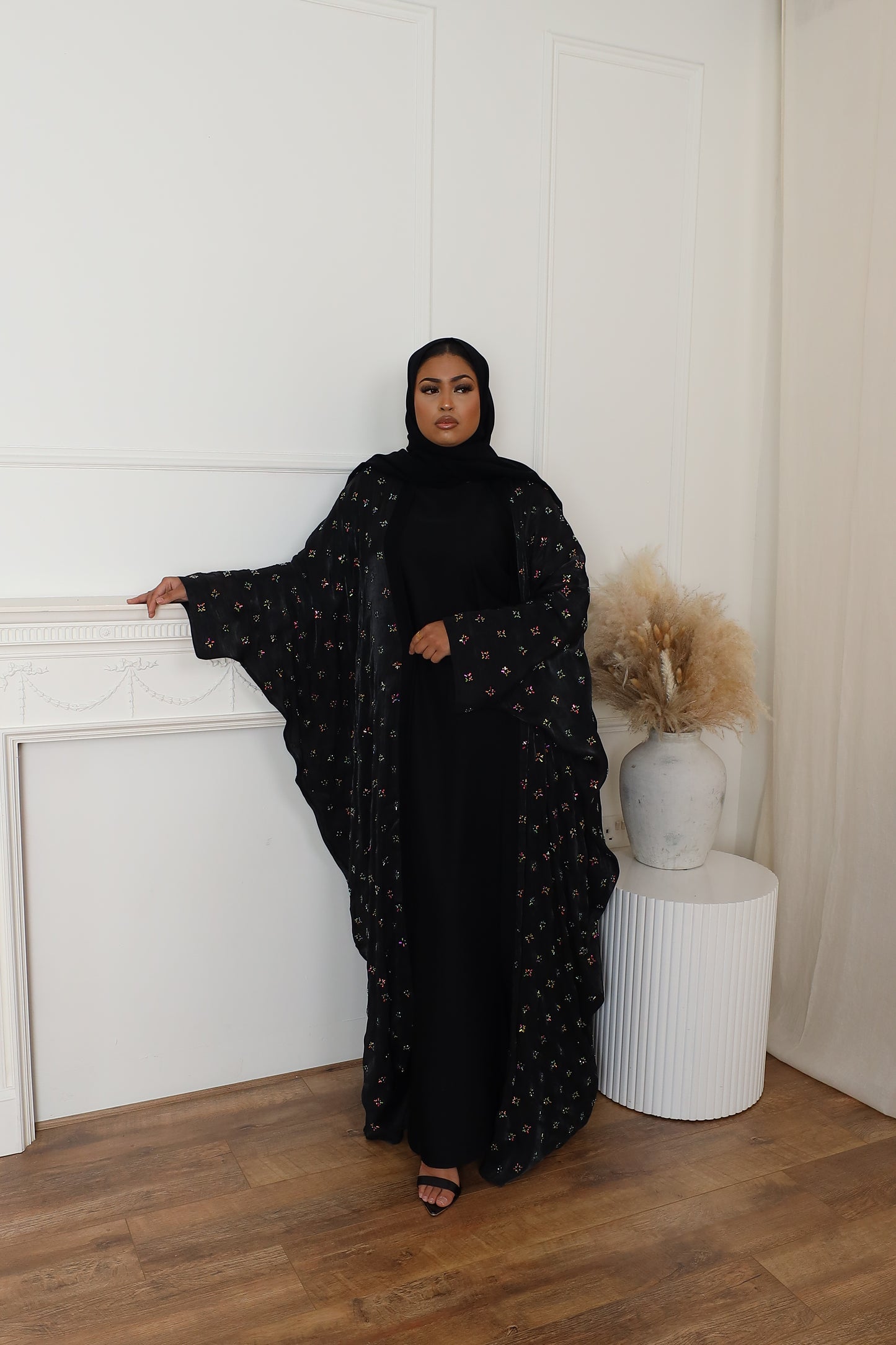 Zayna Stone embellished Organza Farasha Open Jacket with Inner Abaya Black