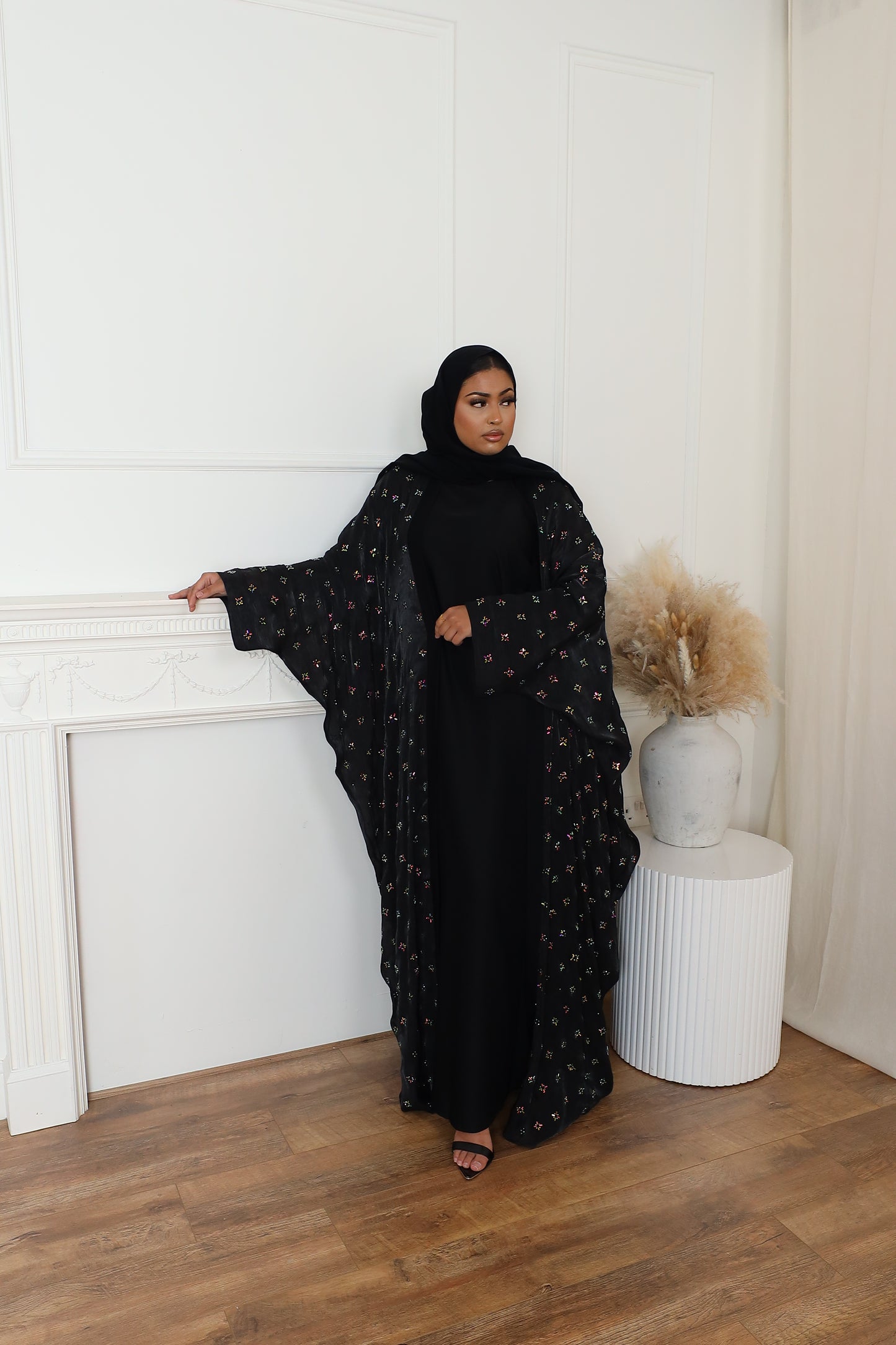 Zayna Stone embellished Organza Farasha Open Jacket with Inner Abaya Black