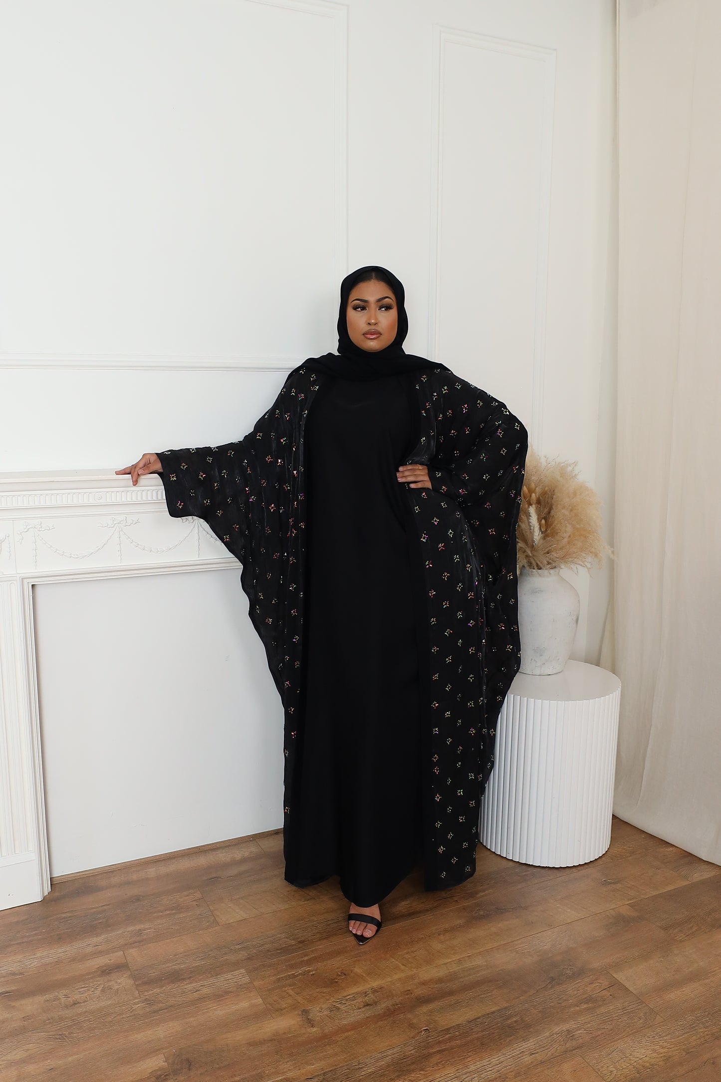 Zayna Stone embellished Organza Farasha Open Jacket with Inner Abaya Black