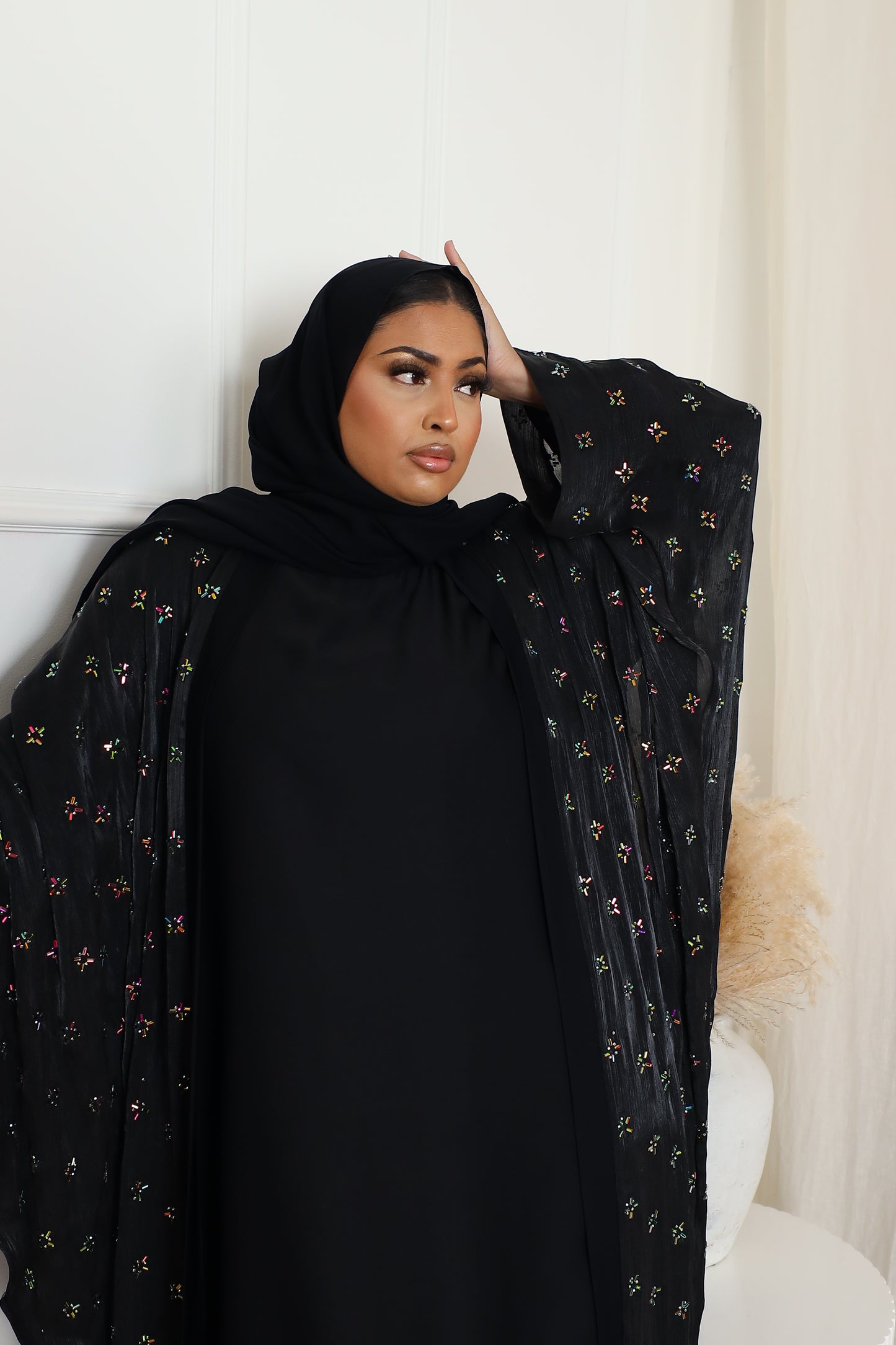 Zayna Stone embellished Organza Farasha Open Jacket with Inner Abaya Black