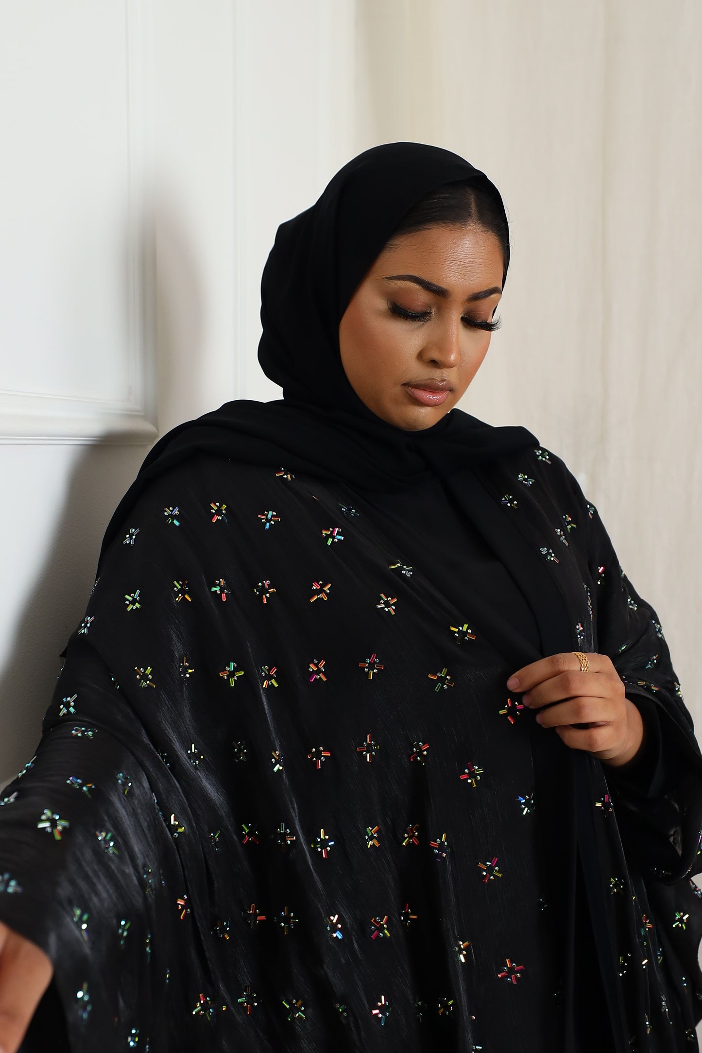 Zayna Stone embellished Organza Farasha Open Jacket with Inner Abaya Black
