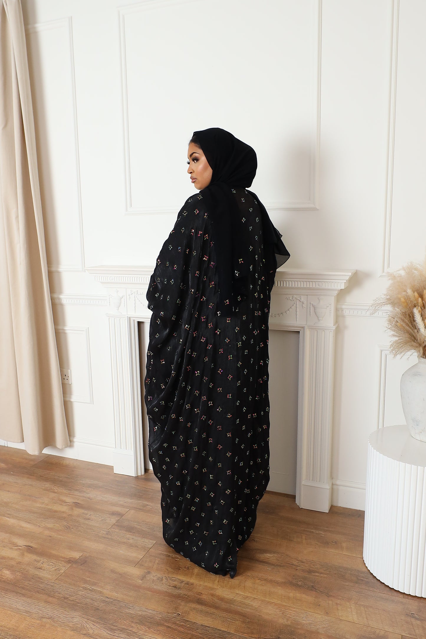 Zayna Stone embellished Organza Farasha Open Jacket with Inner Abaya Black