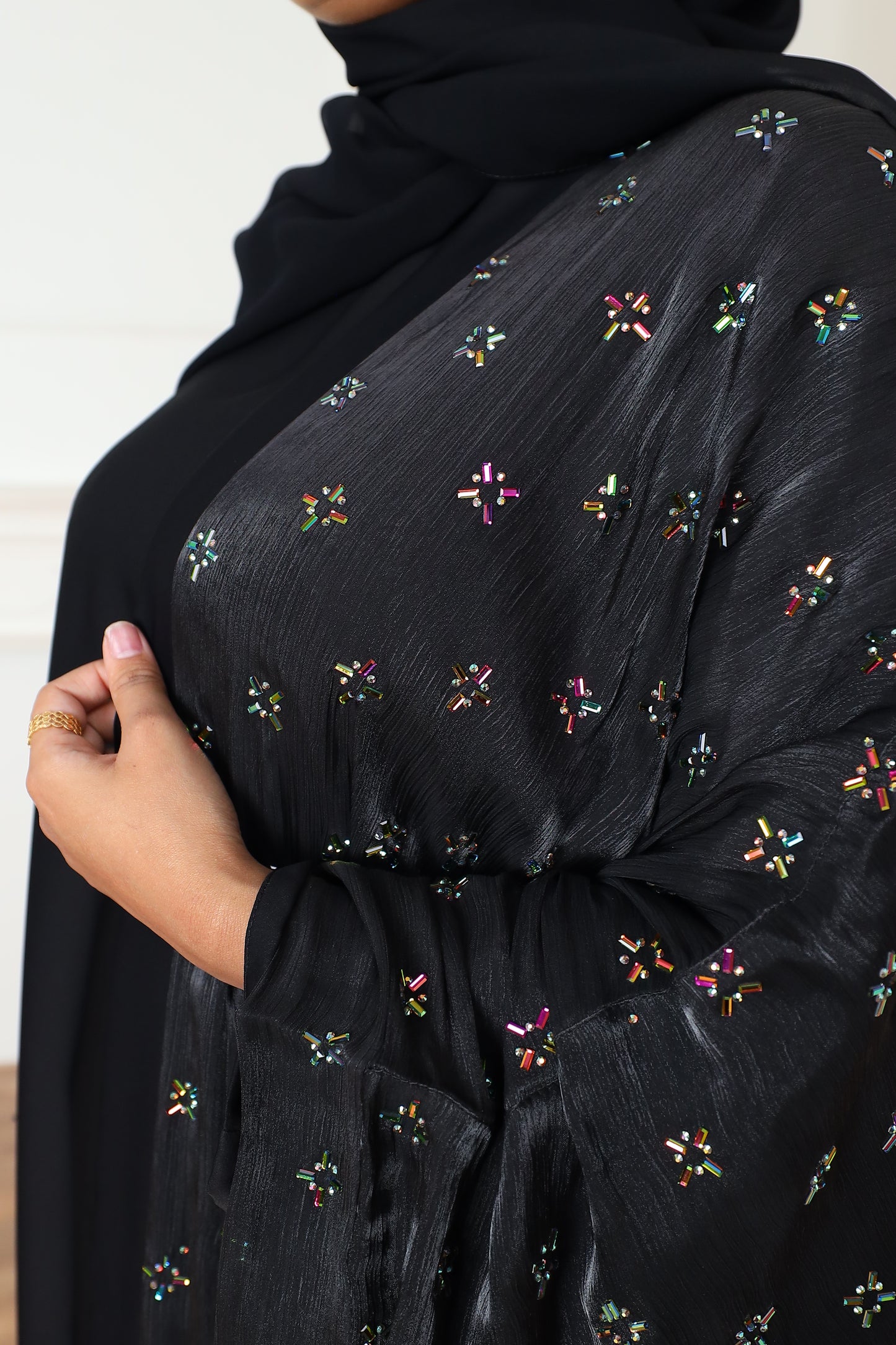 Zayna Stone embellished Organza Farasha Open Jacket with Inner Abaya Black