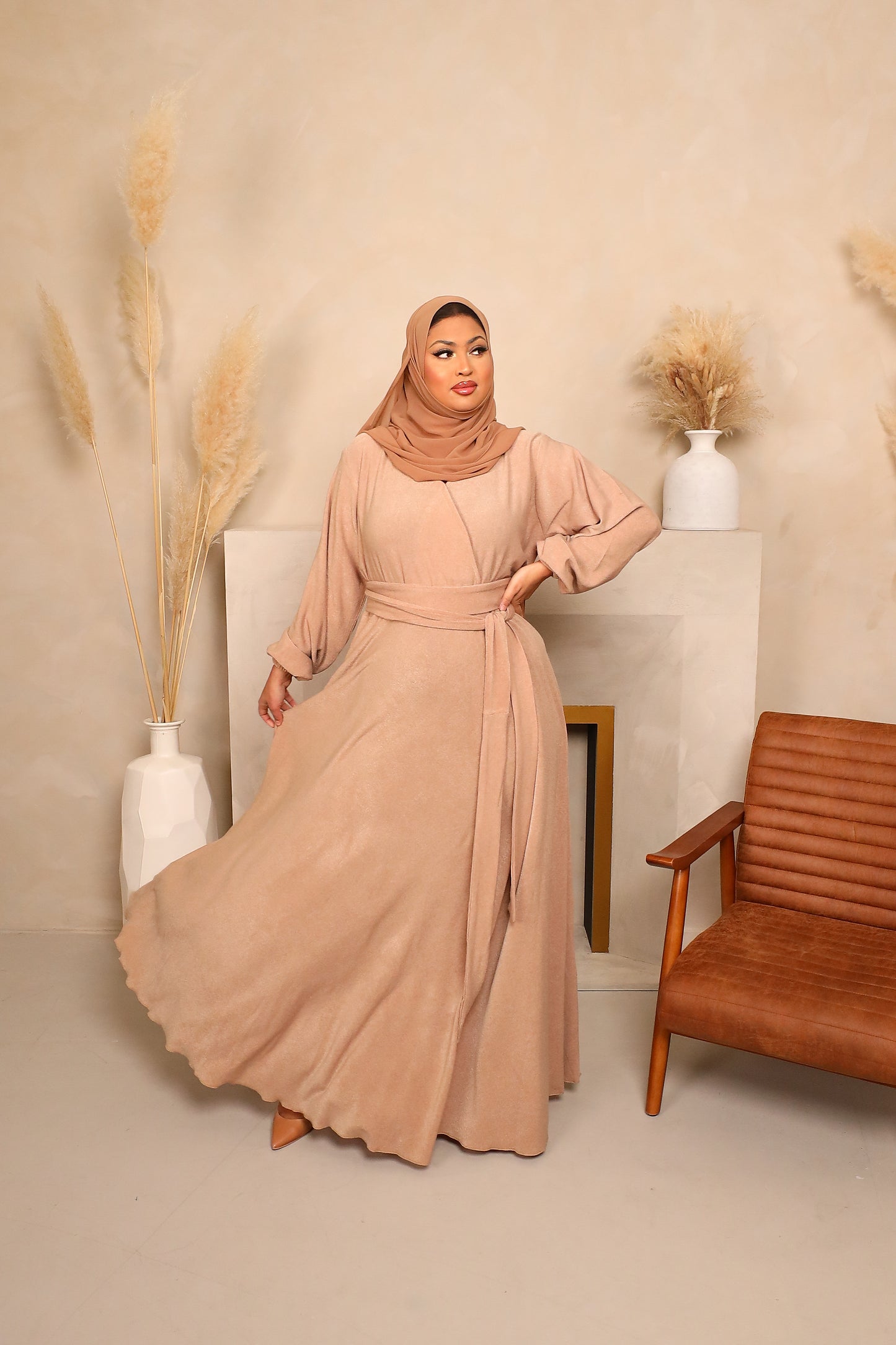 Amal Abaya flare knit Jersey Biscuit Beige