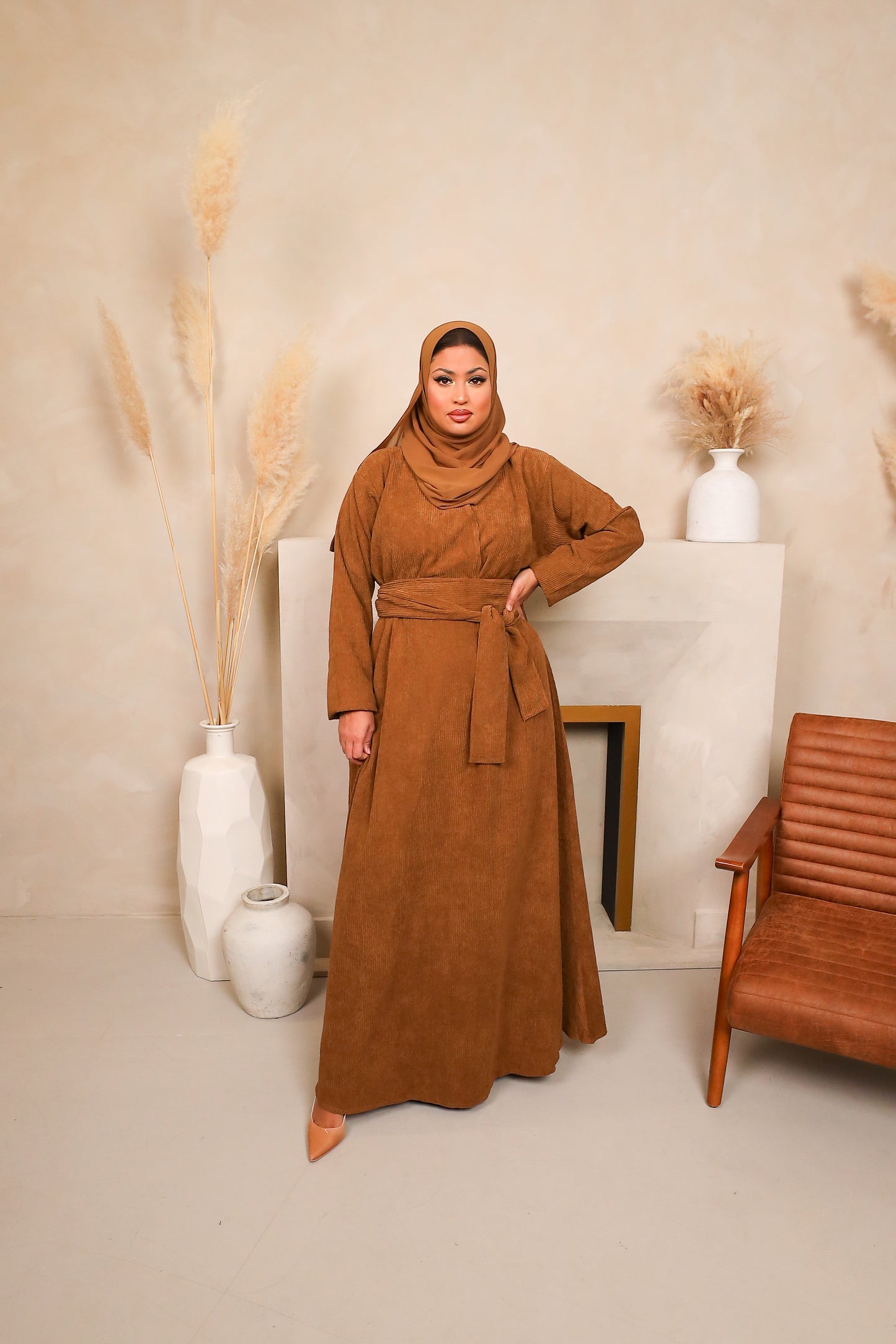 Winter Amal Aline Corduroy Abaya Camel Brown