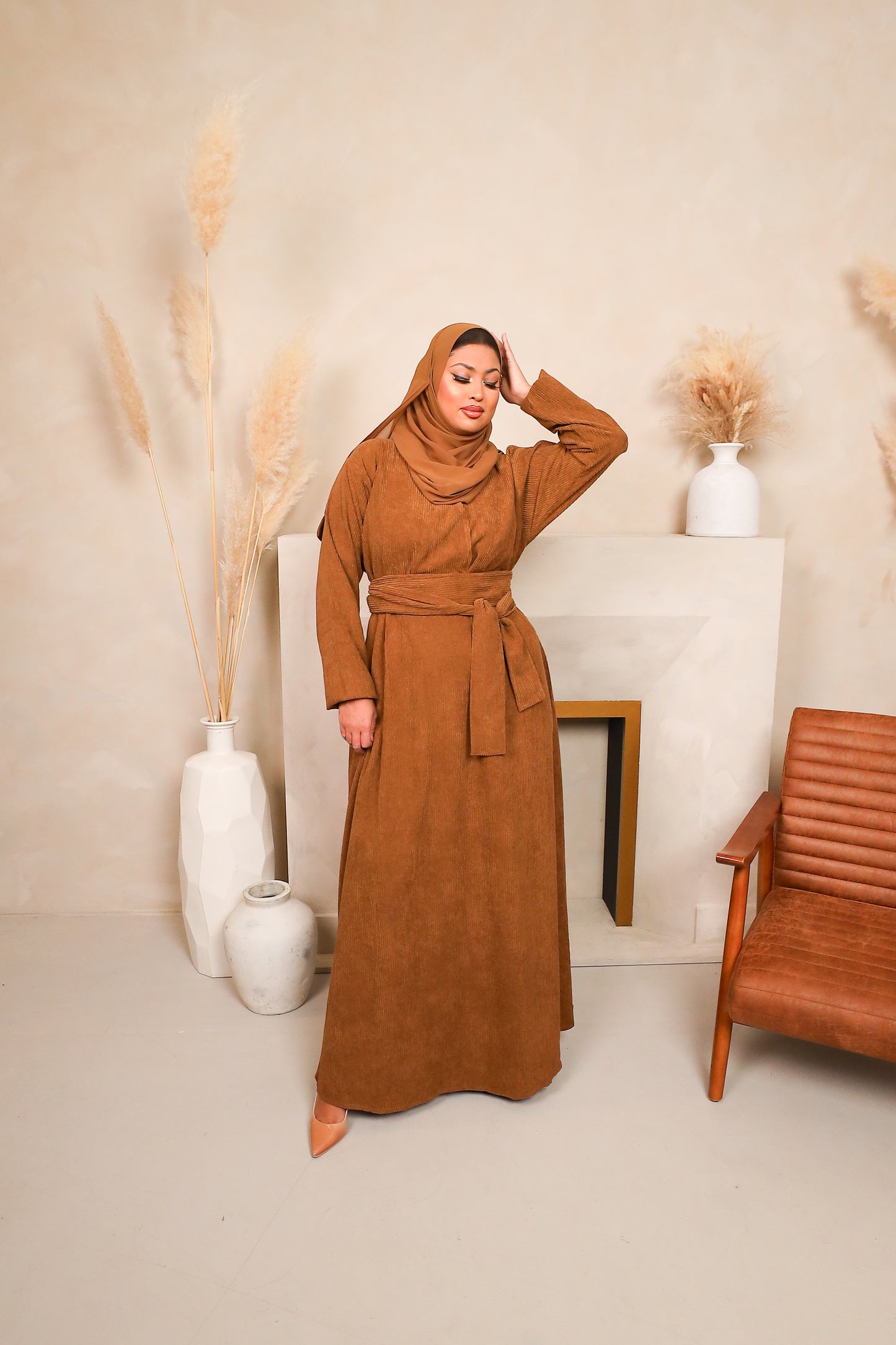 Winter Amal Aline Corduroy Abaya Camel Brown