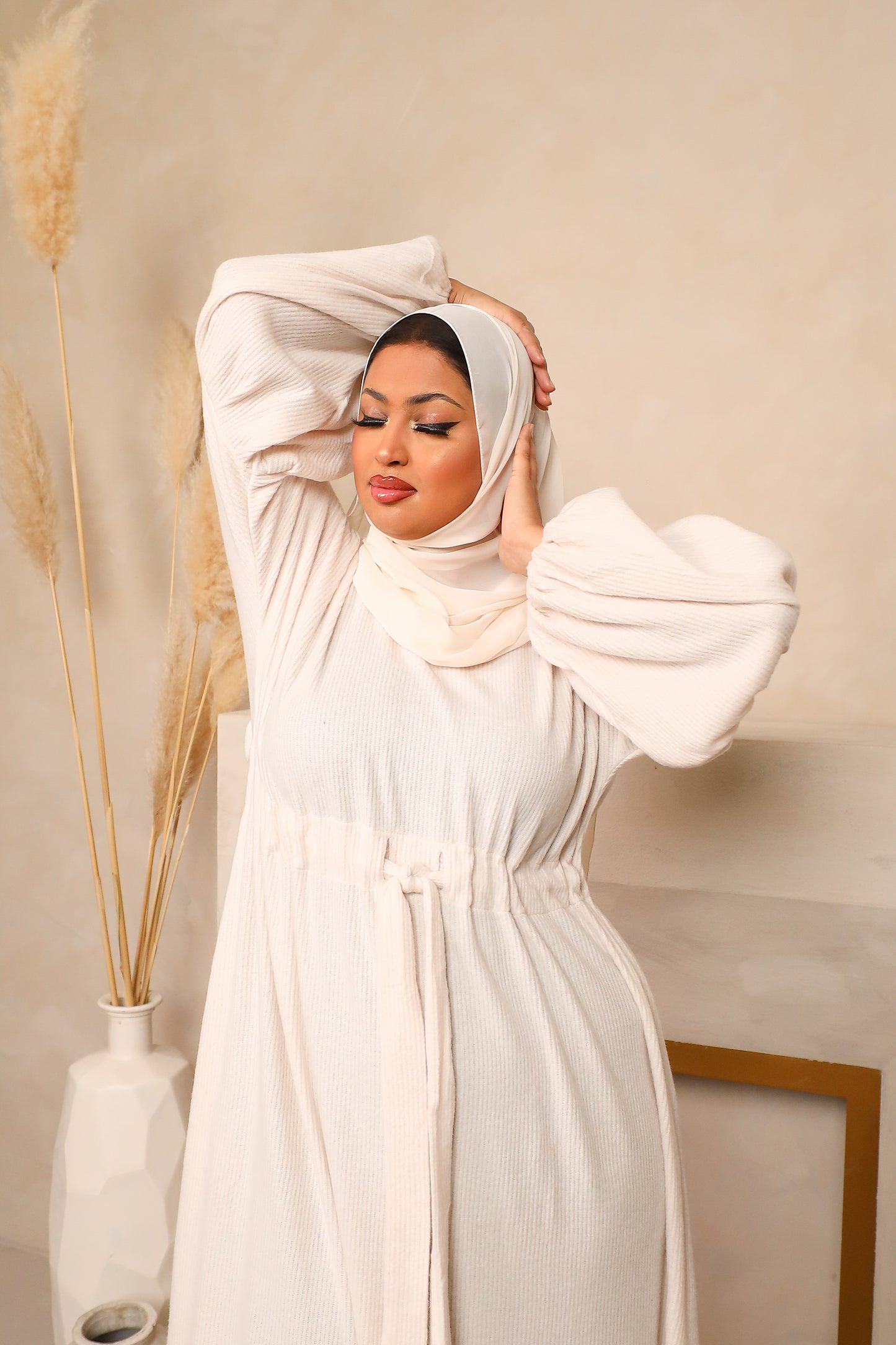 Baria Bubble Sleeve Abaya Jersey knit Ecru