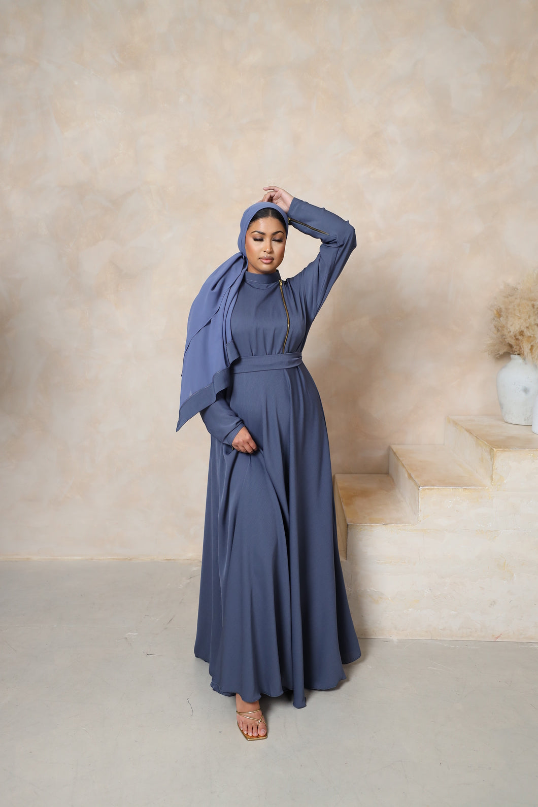 Habiba zip flare abaya Blue Grey in Fine Crinkle