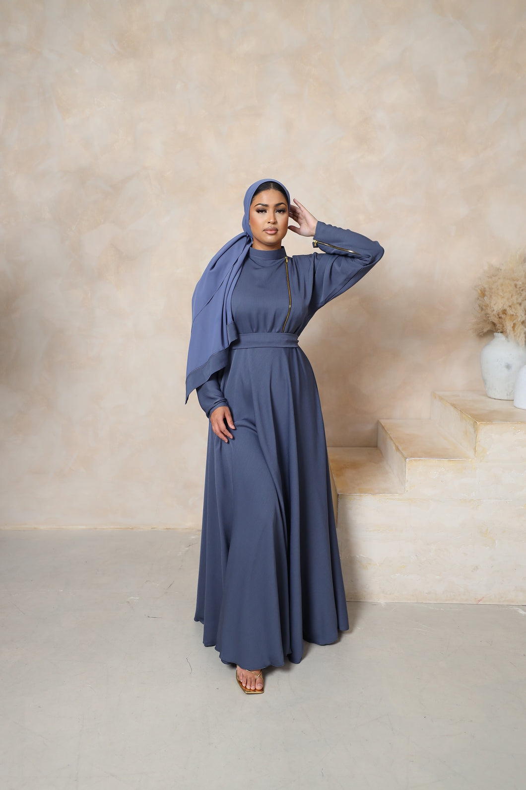 Habiba zip flare abaya Blue Grey in Fine Crinkle