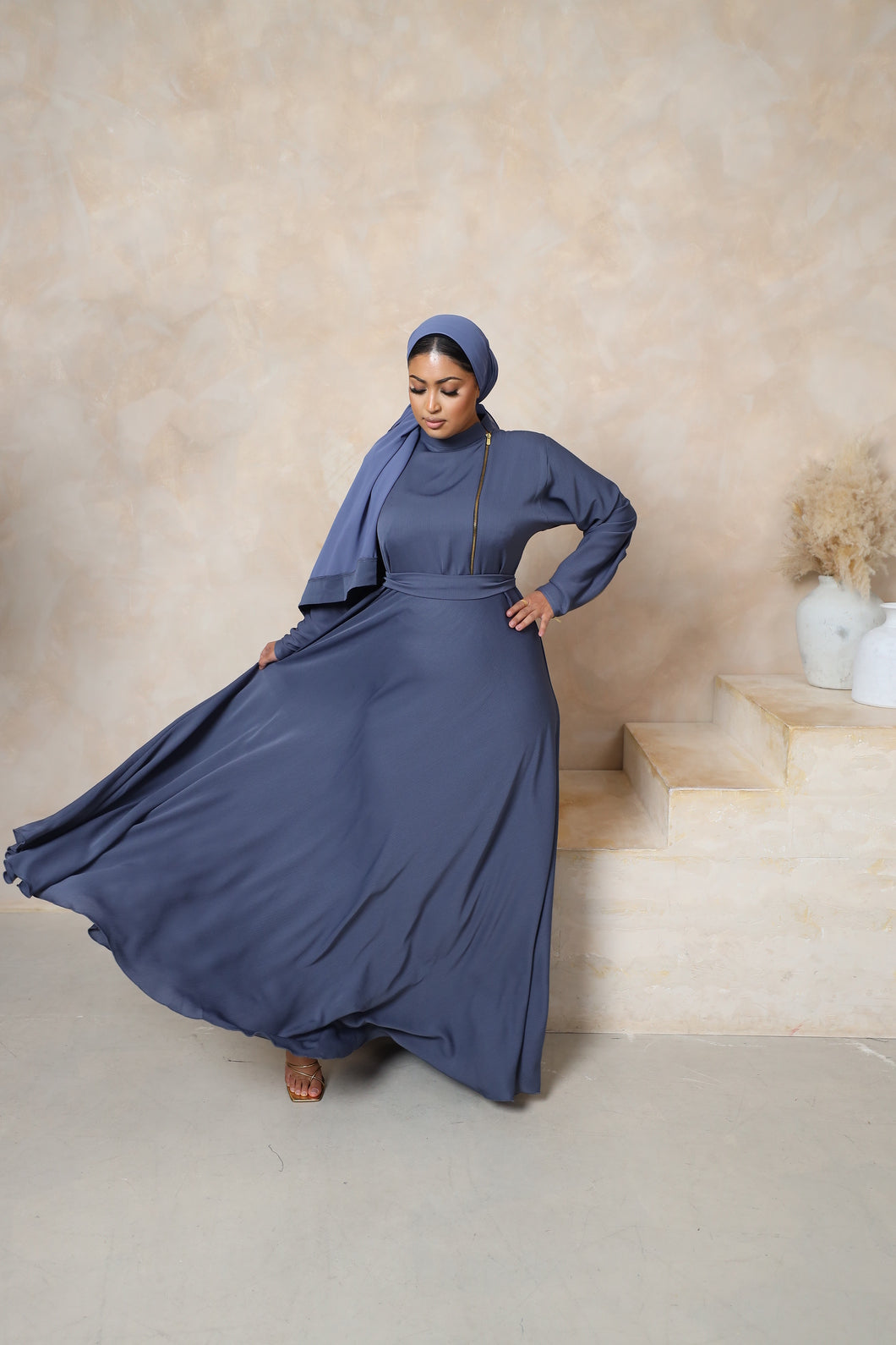 Habiba zip flare abaya Blue Grey in Fine Crinkle