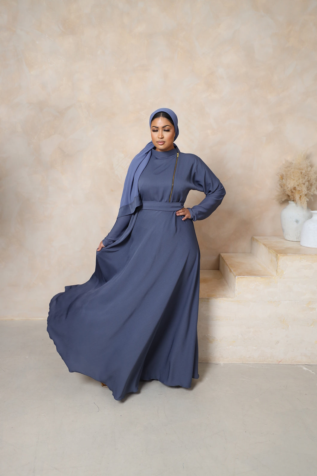 Habiba zip flare abaya Blue Grey in Fine Crinkle