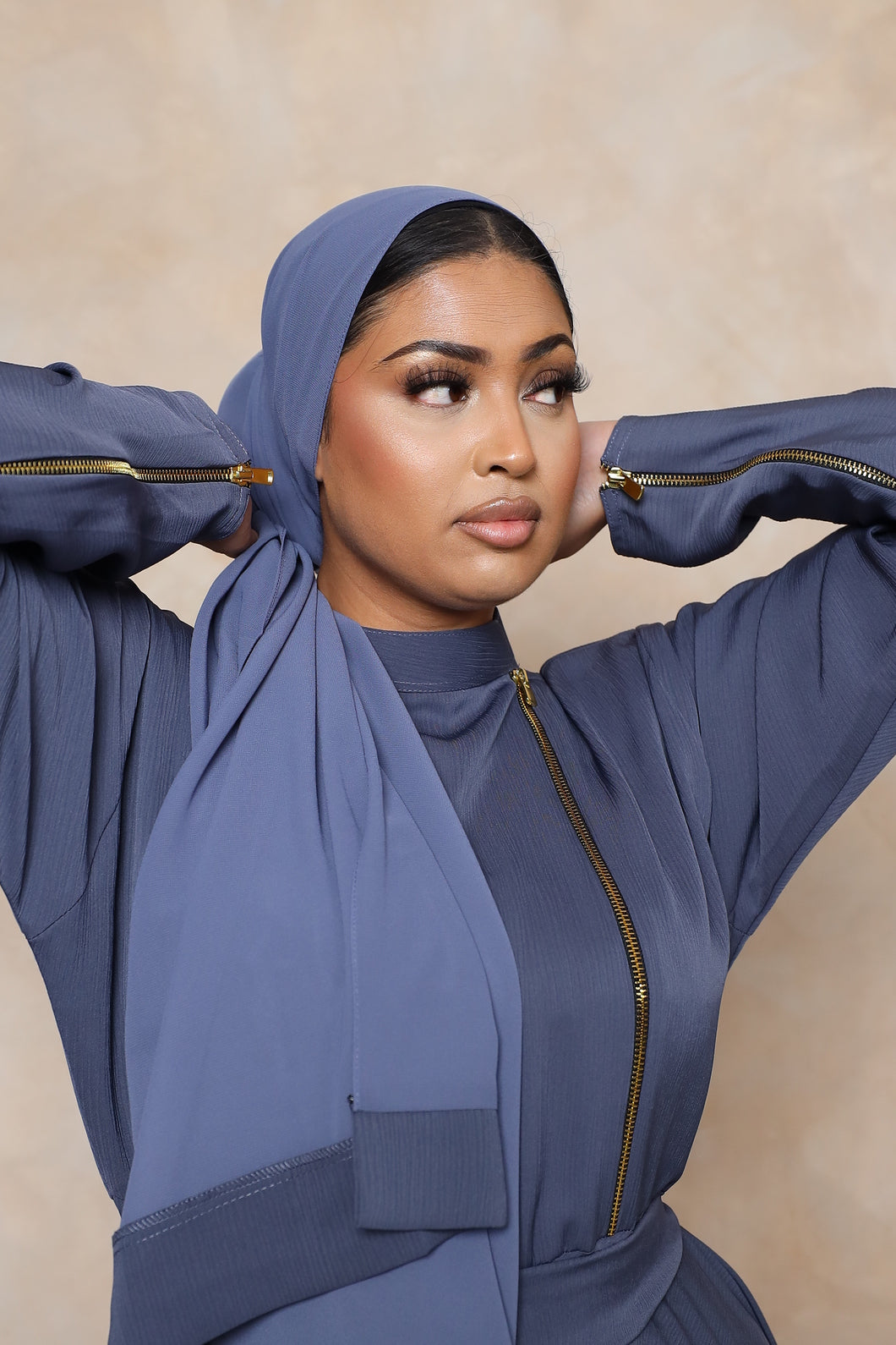 Habiba zip flare abaya Blue Grey in Fine Crinkle