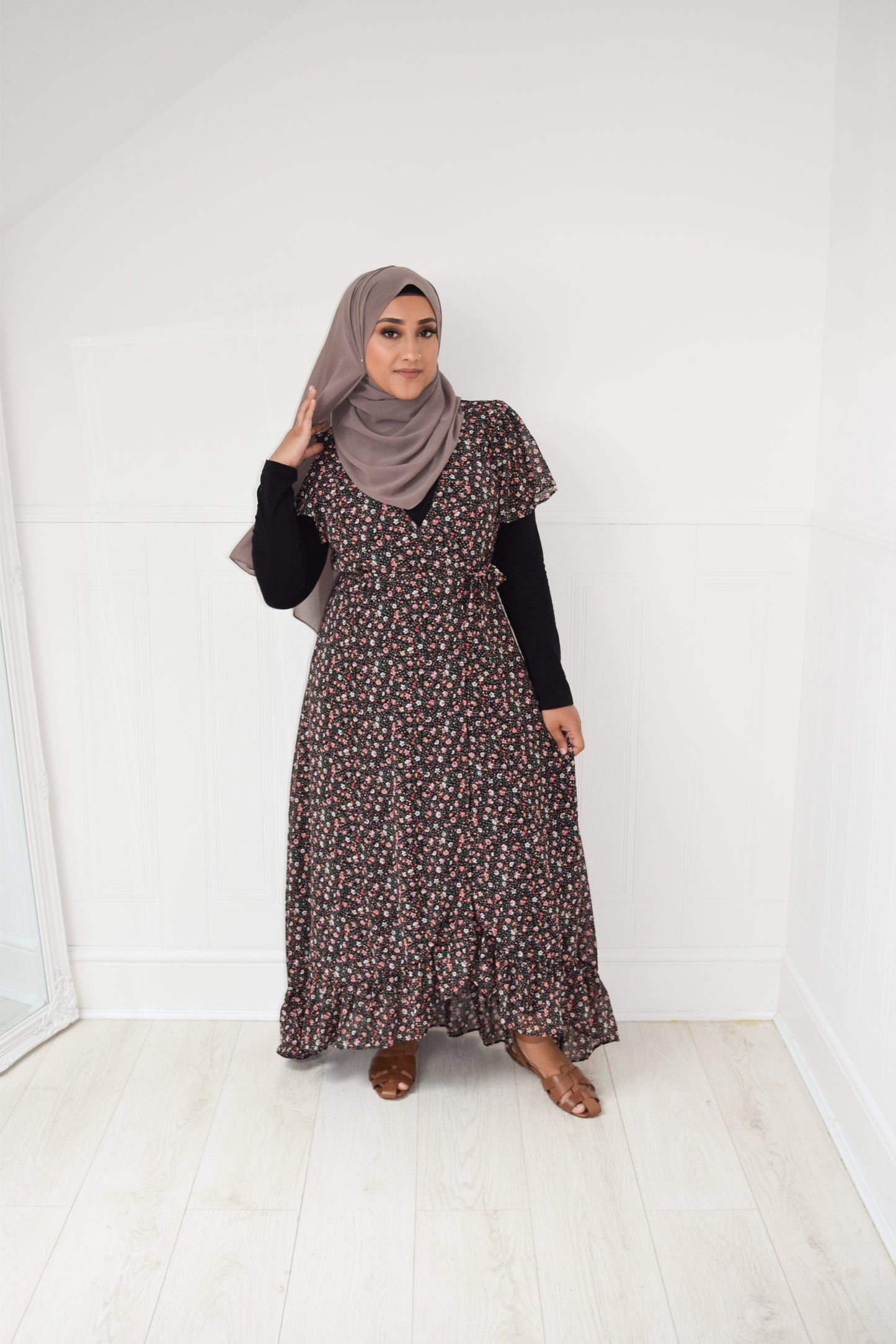 Modest Maxi floral wrap dress Black