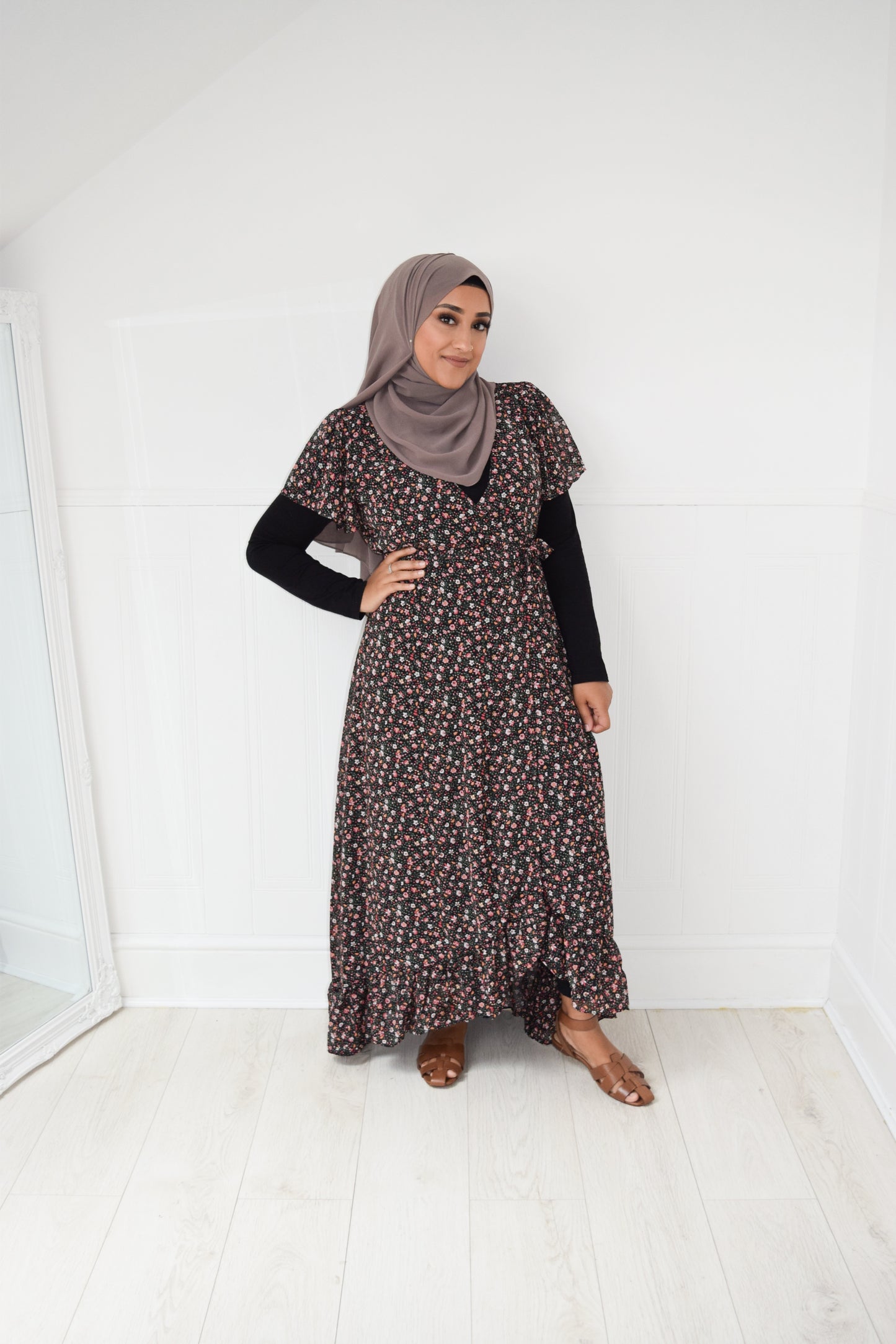 Modest Maxi floral wrap dress Black