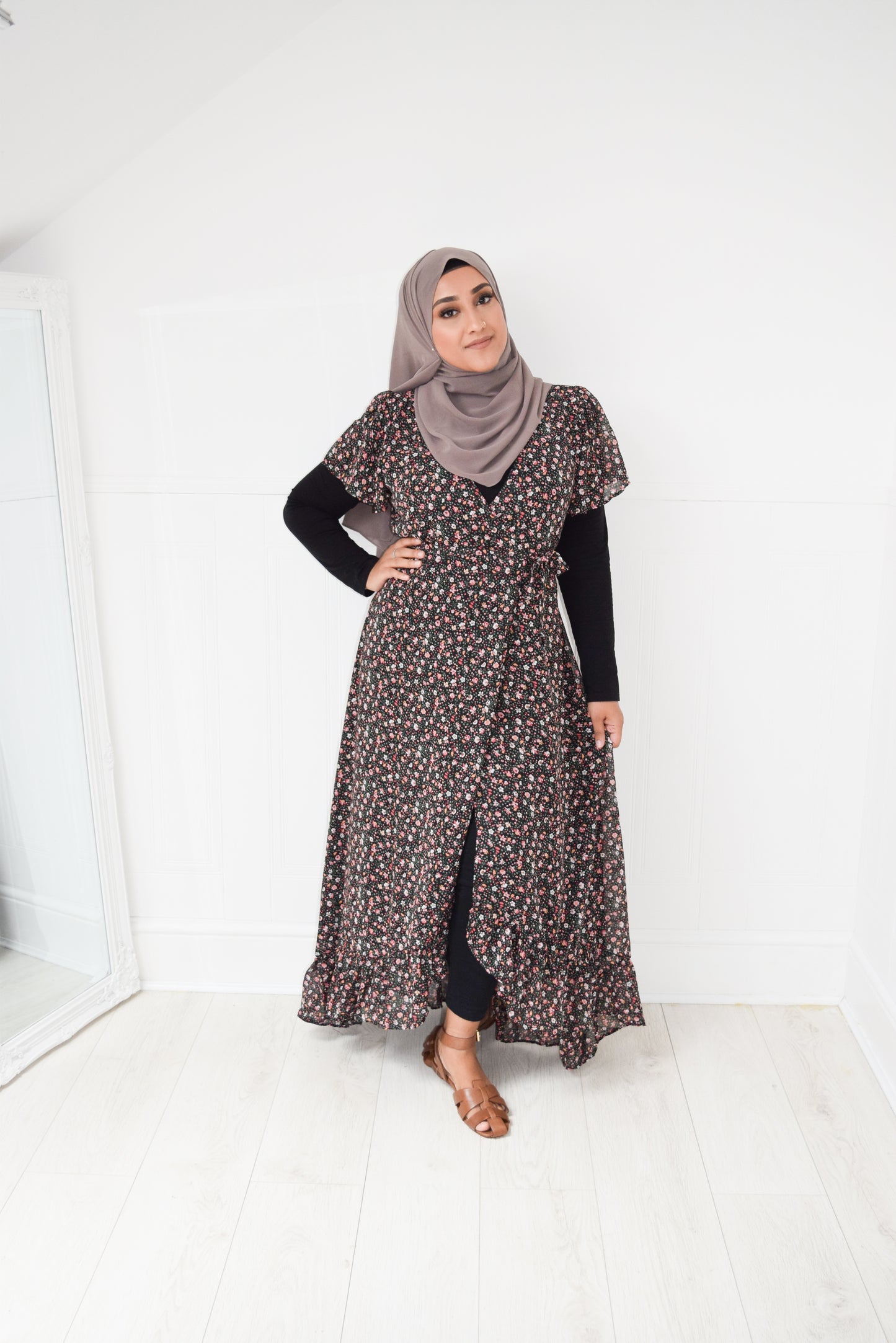 Modest Maxi floral wrap dress Black