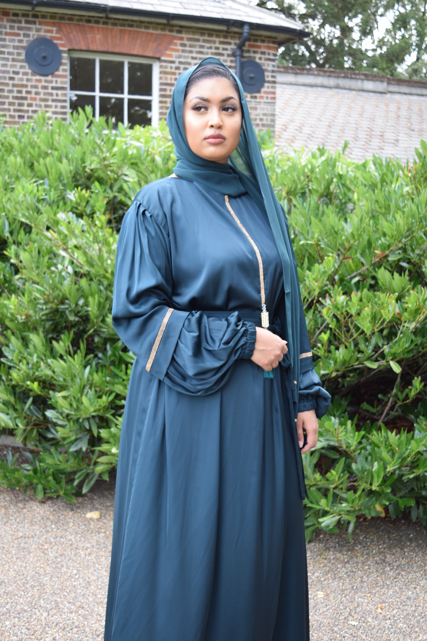 Shirin Satin Abaya with diamante and tassel embellishments Jade Green