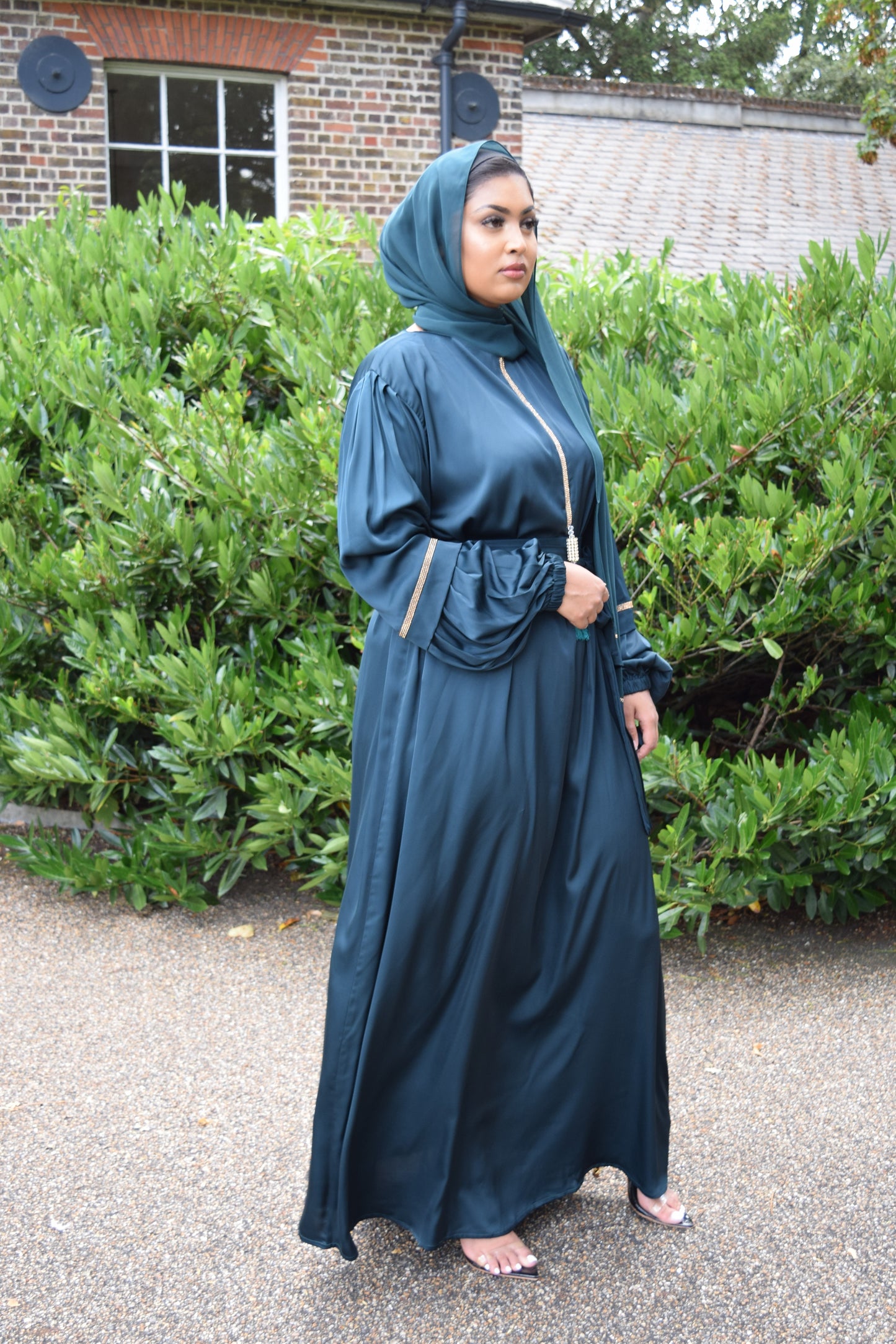 Shirin Satin Abaya with diamante and tassel embellishments Jade Green