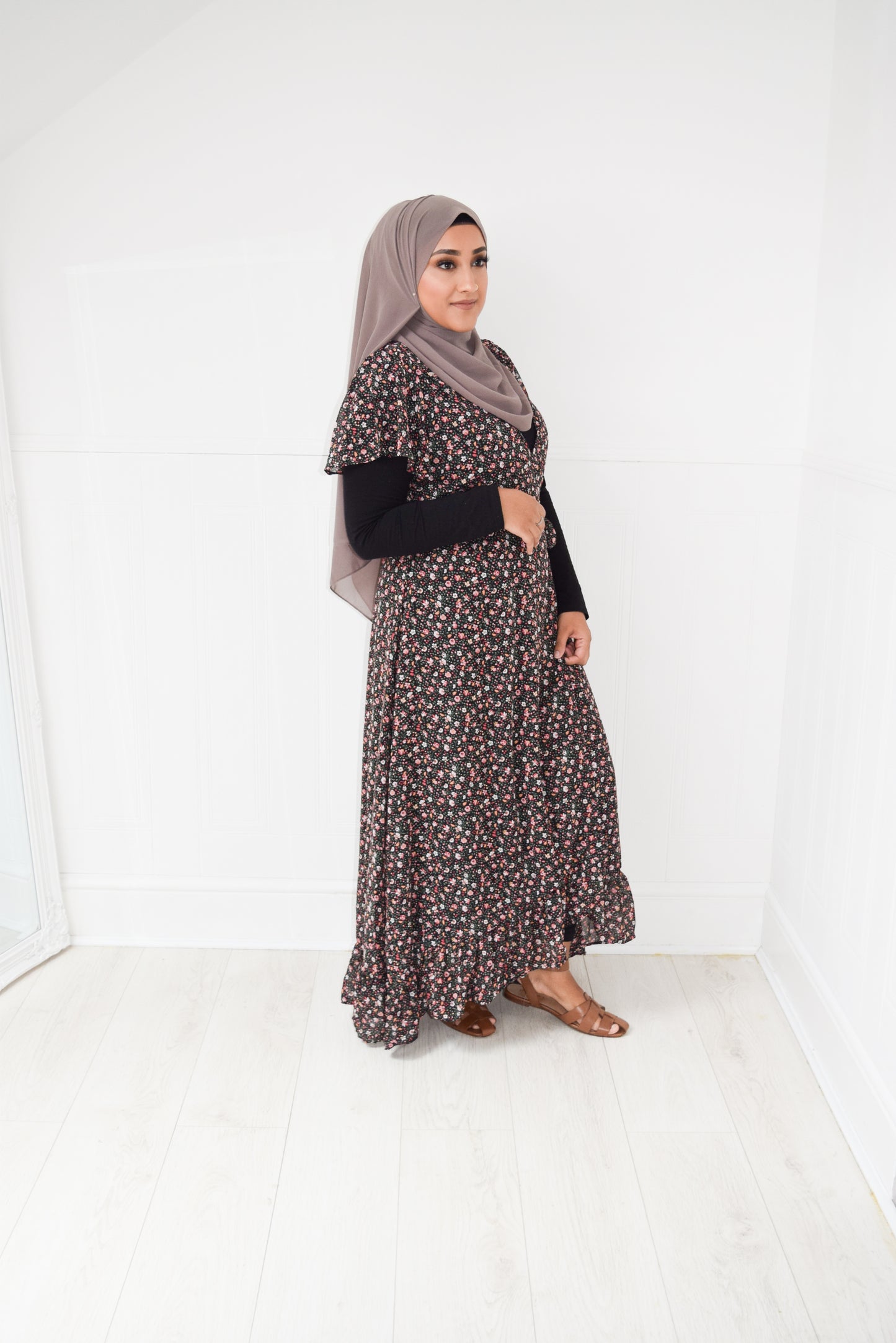 Modest Maxi floral wrap dress Black