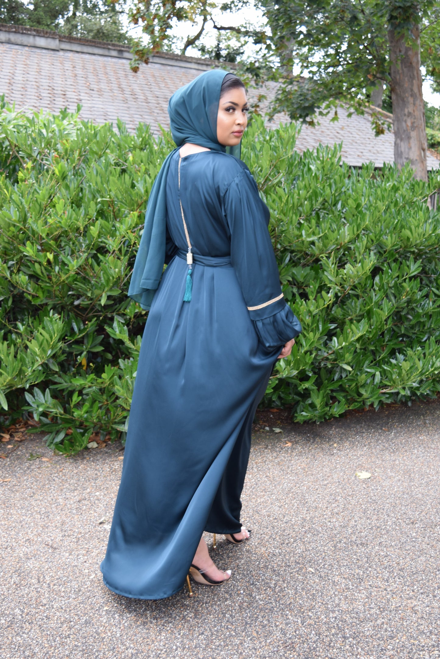 Shirin Satin Abaya with diamante and tassel embellishments Jade Green