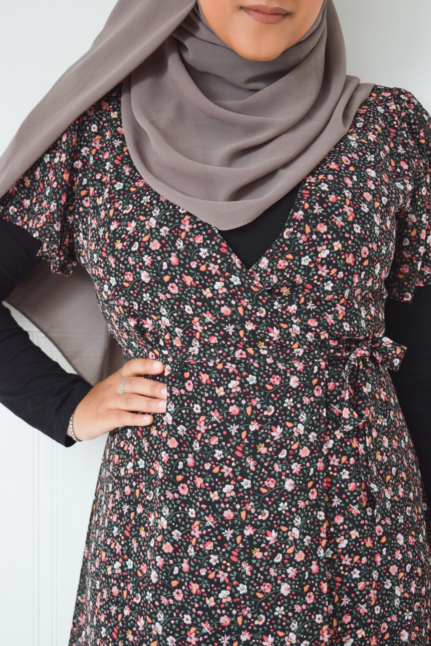 Modest Maxi floral wrap dress Black