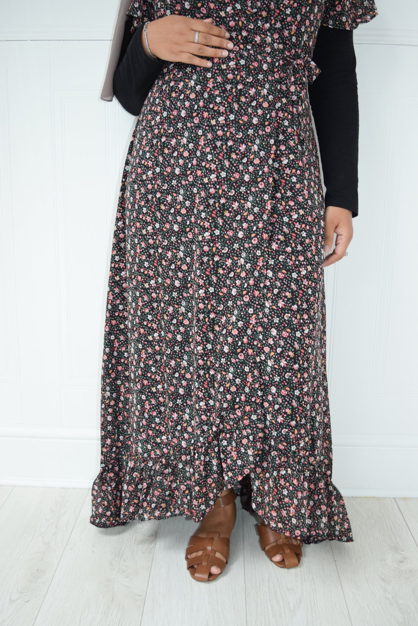 Modest Maxi floral wrap dress Black