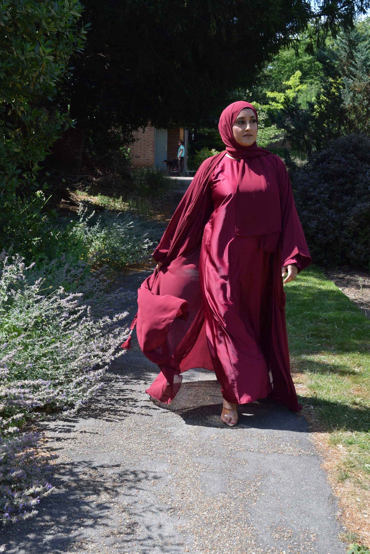 Reem Chiffon Open Jacket Abaya with Satin inner in Berry -  3 piece set