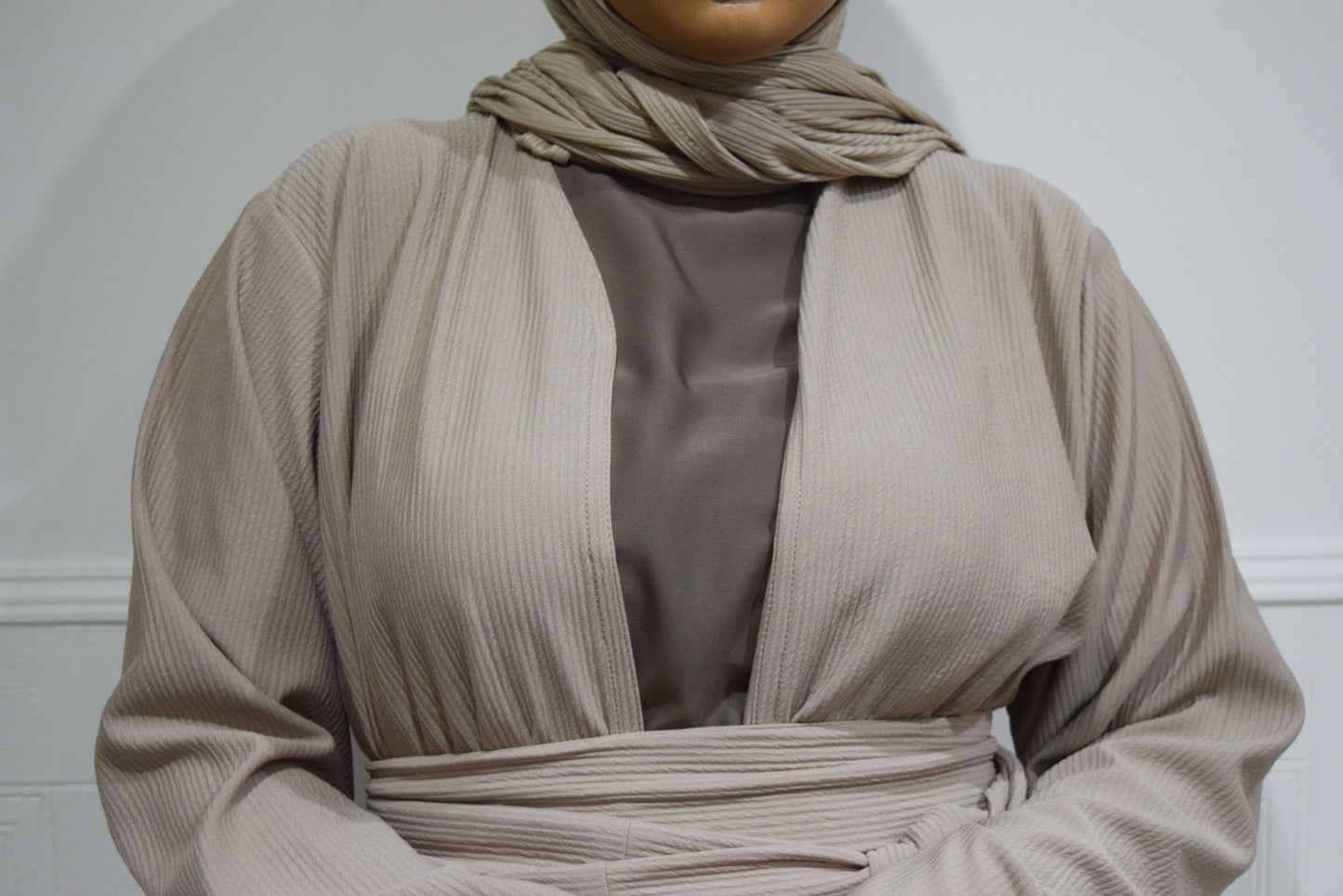 Hannah textured ribbed Open A-line kimono Abaya Jacket with pockets in Fawn