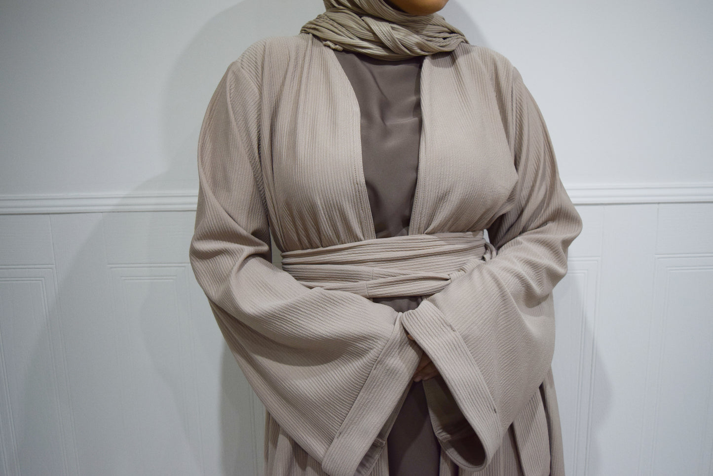 Hannah textured ribbed Open A-line kimono Abaya Jacket with pockets in Fawn