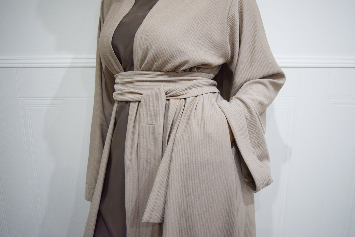 Hannah textured ribbed Open A-line kimono Abaya Jacket with pockets in Fawn