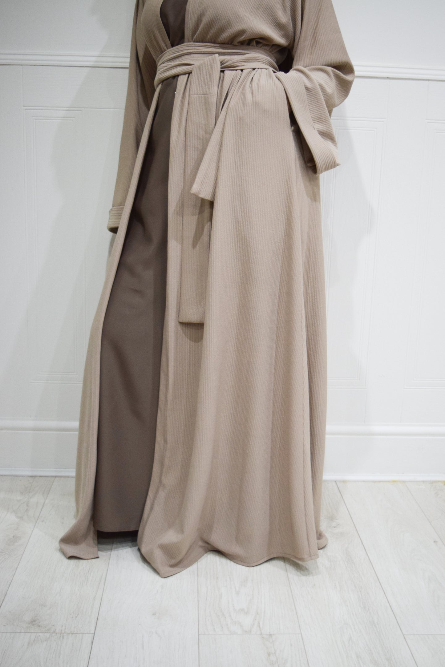 Hannah textured ribbed Open A-line kimono Abaya Jacket with pockets in Fawn