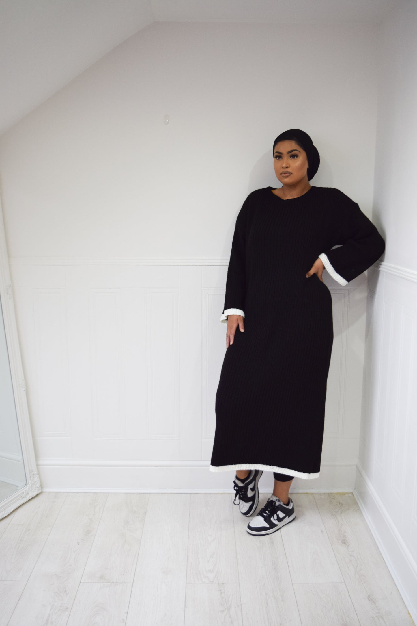 Winter knit dress with Trim Black