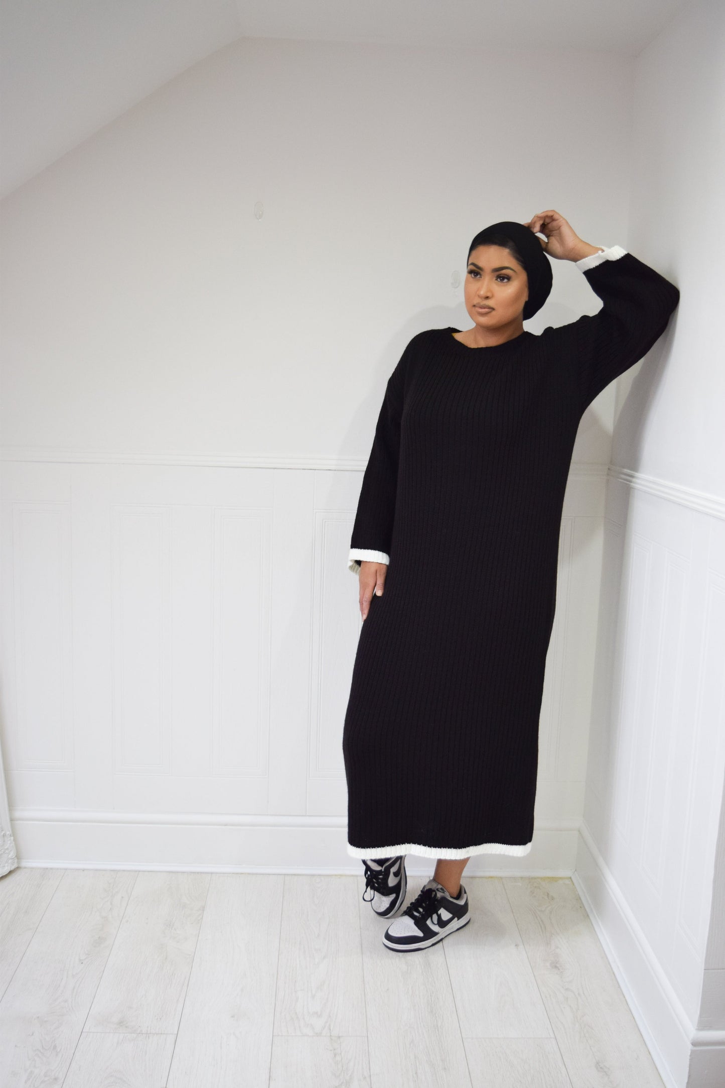 Winter knit dress with Trim Black