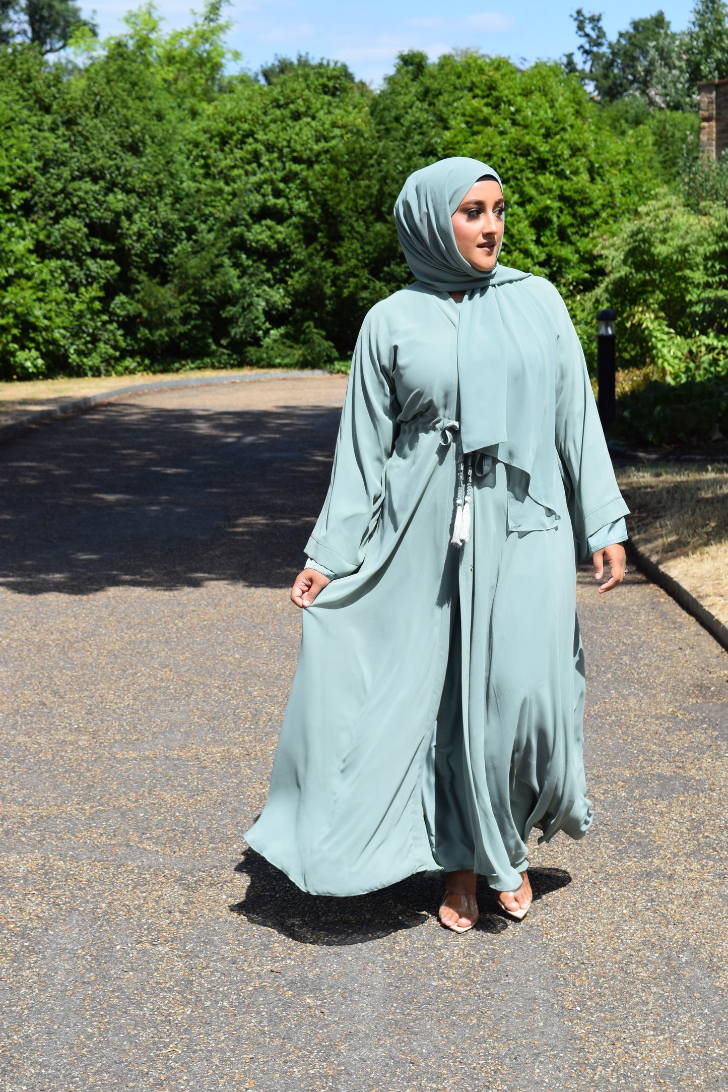 Reem Chiffon Open Jacket Abaya with Satin inner in Duck egg -  3 piece set