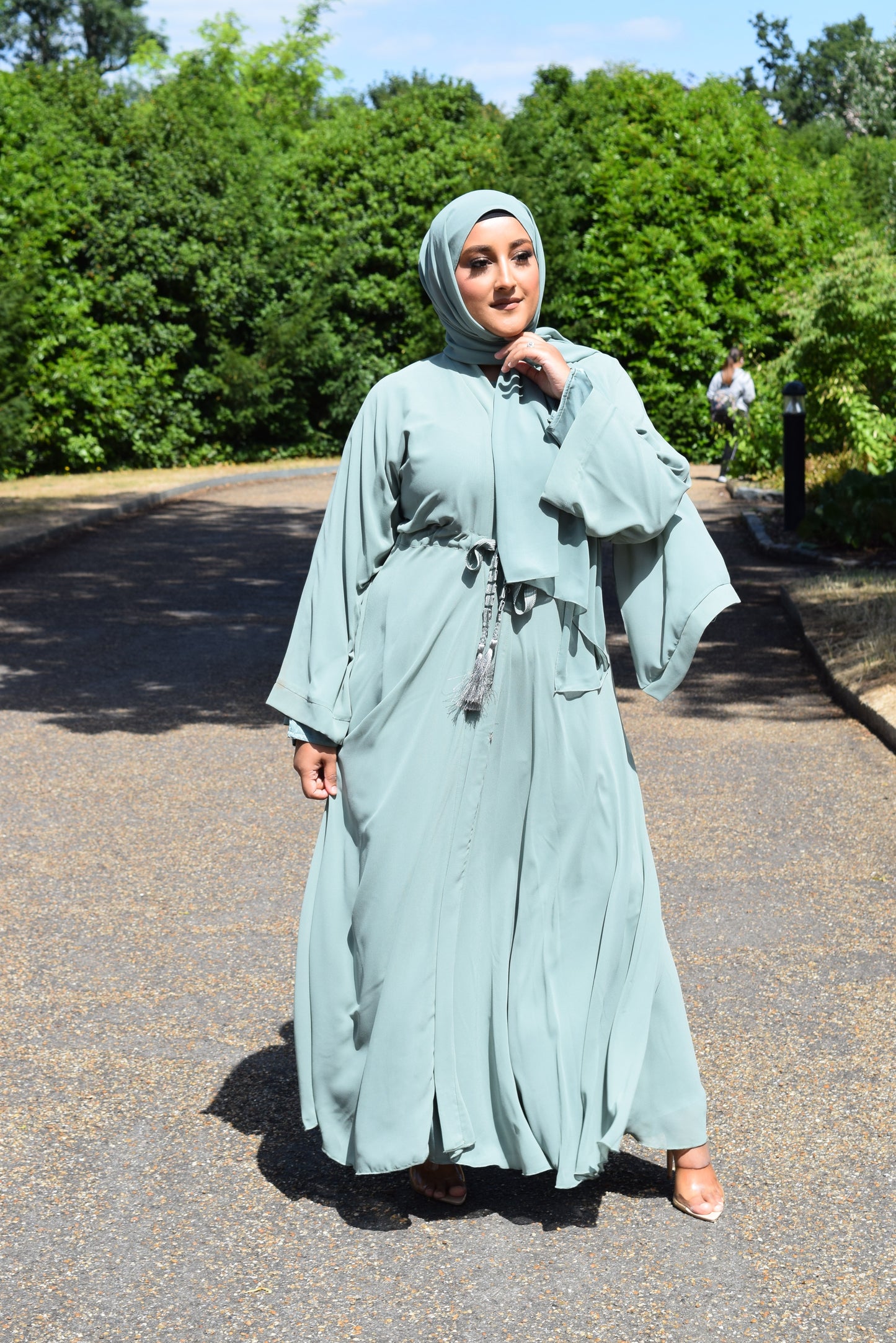 Reem Chiffon Open Jacket Abaya with Satin inner in Duck egg -  3 piece set