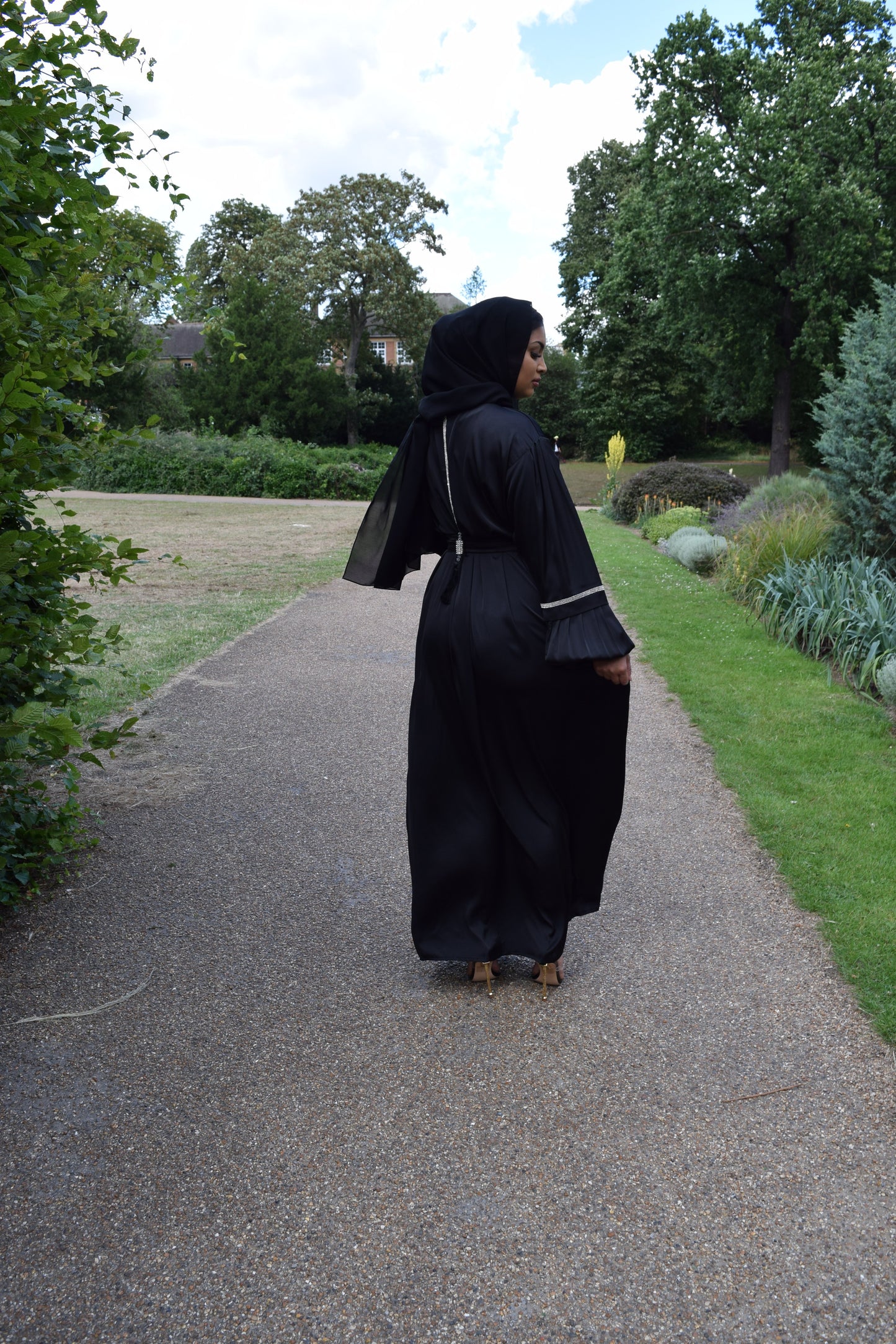 Shirin Satin Abaya with diamante and tassel embellishments Black