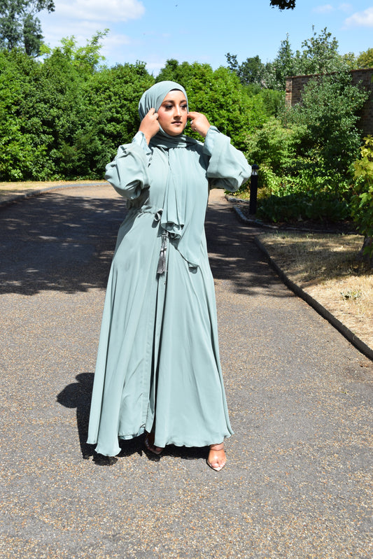 Reem Chiffon Open Jacket Abaya with Satin inner in Duck egg -  3 piece set