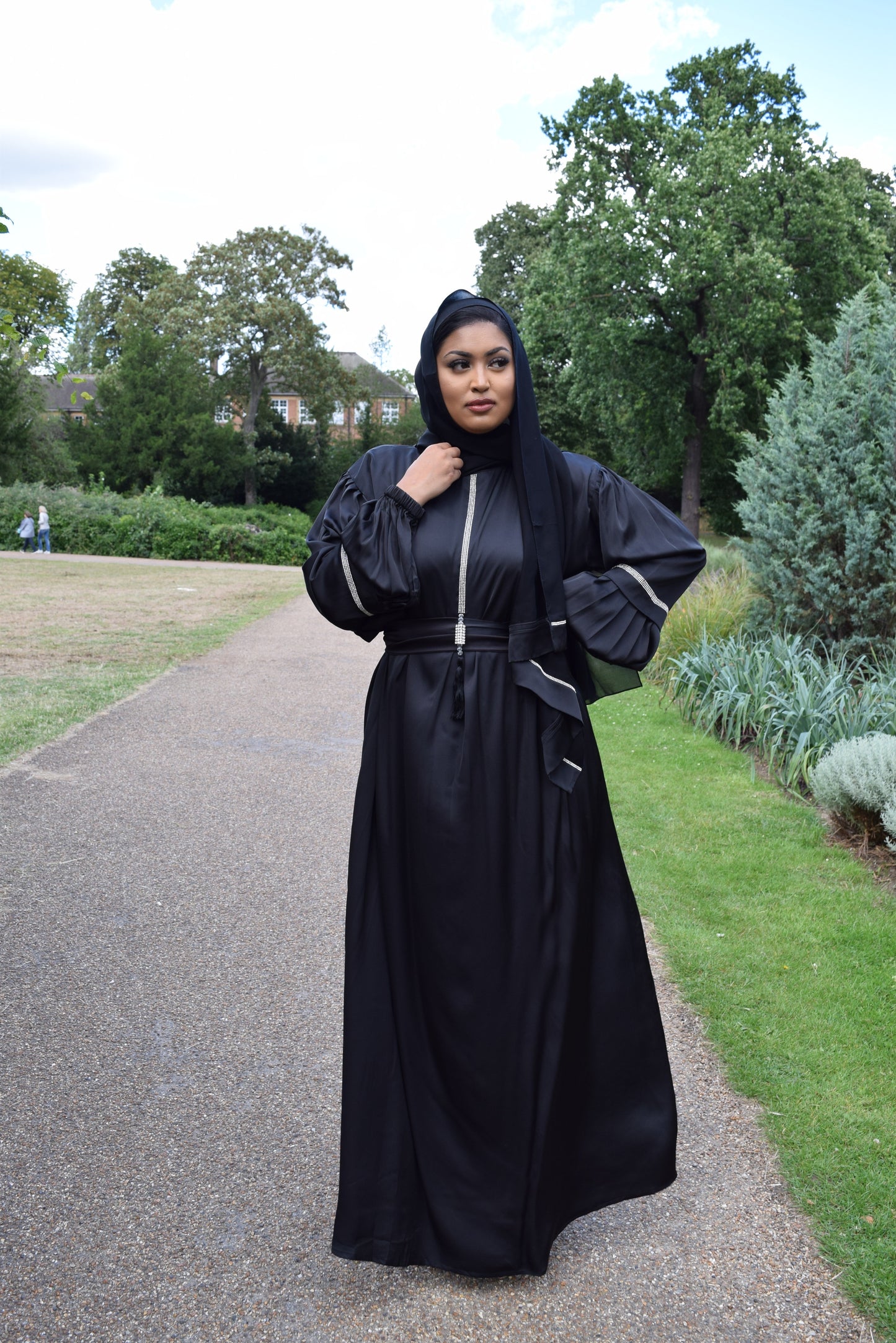 Shirin Satin Abaya with diamante and tassel embellishments Black