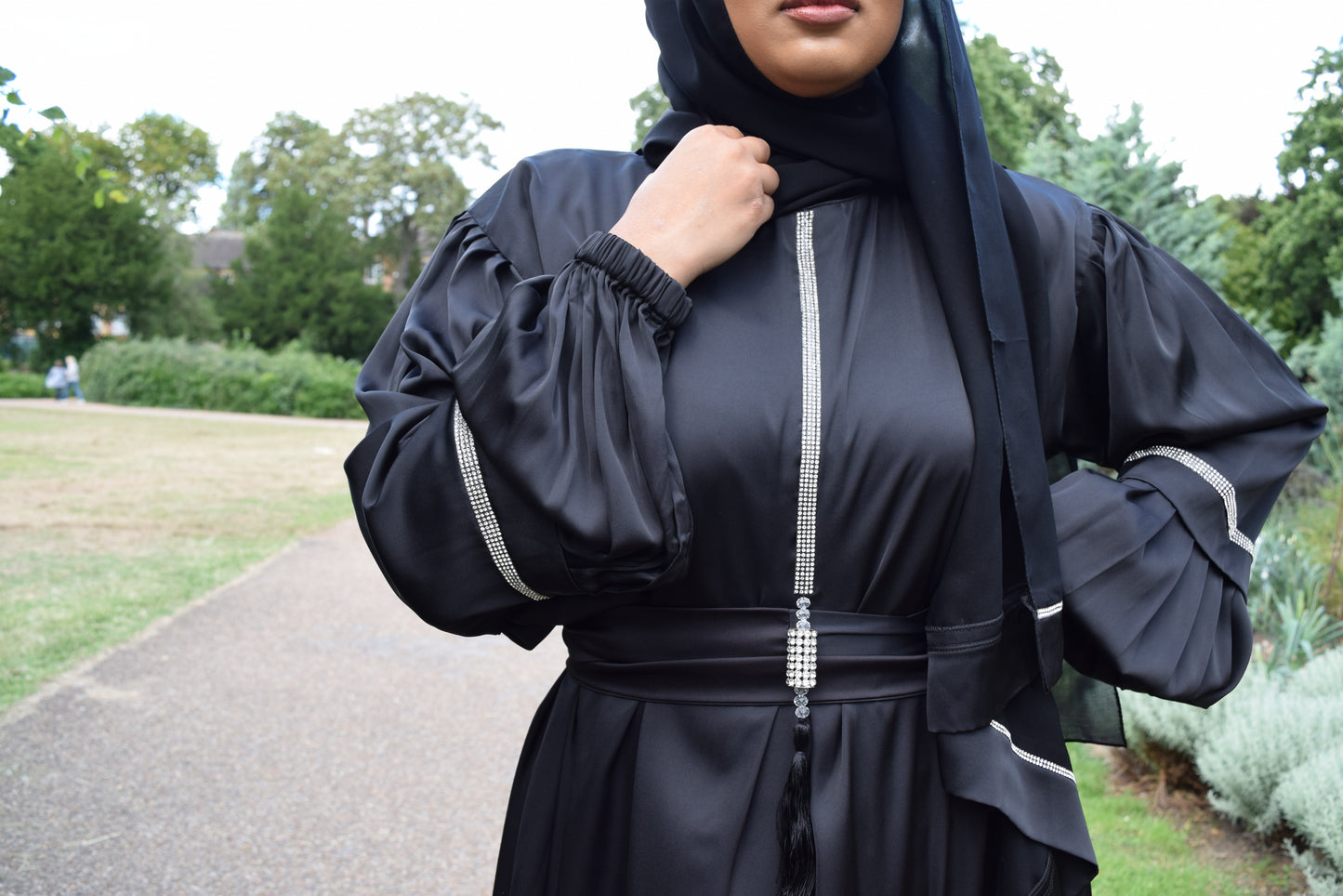 Shirin Satin Abaya with diamante and tassel embellishments Black