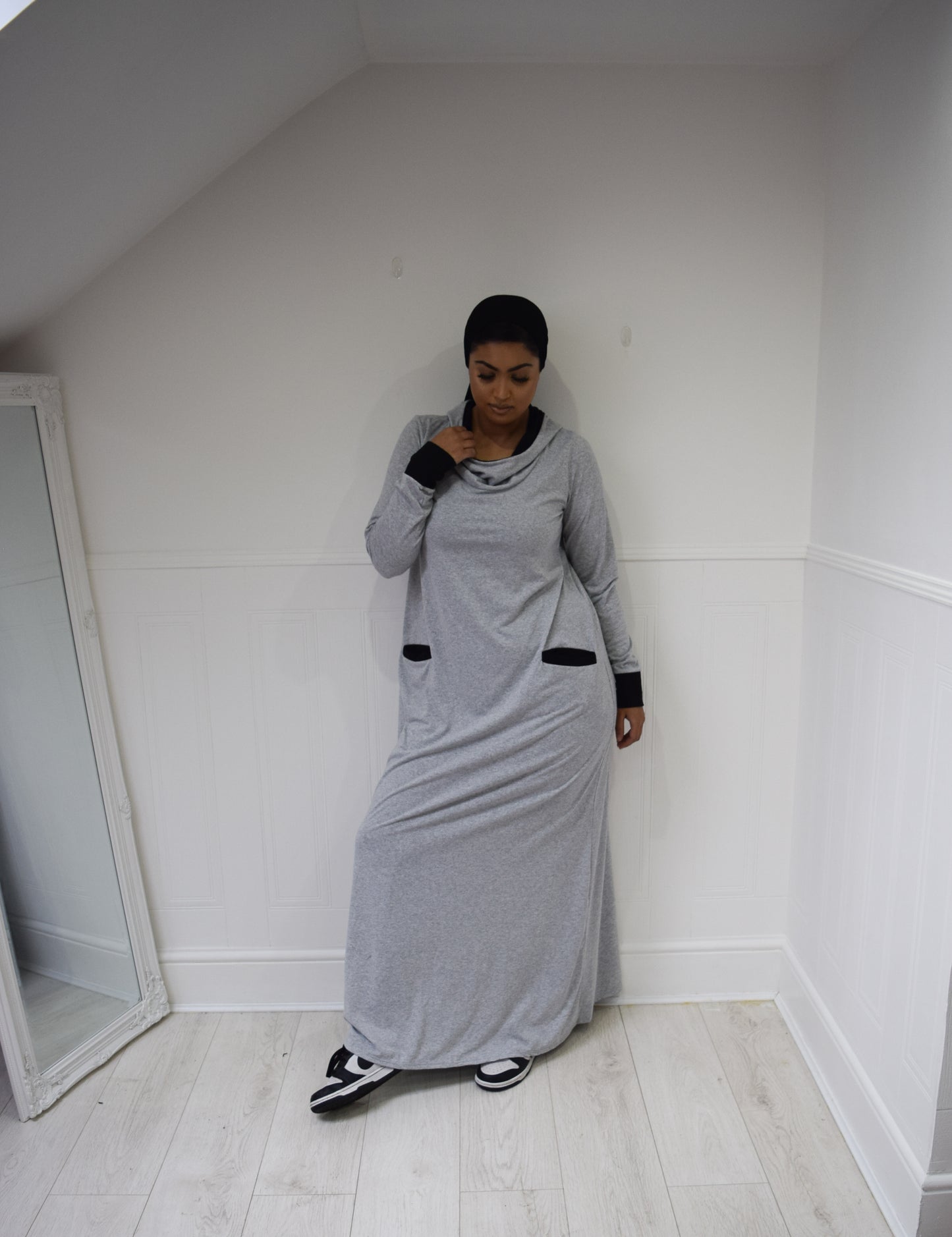 Hooded A-Line Abaya with pockets Marl Grey