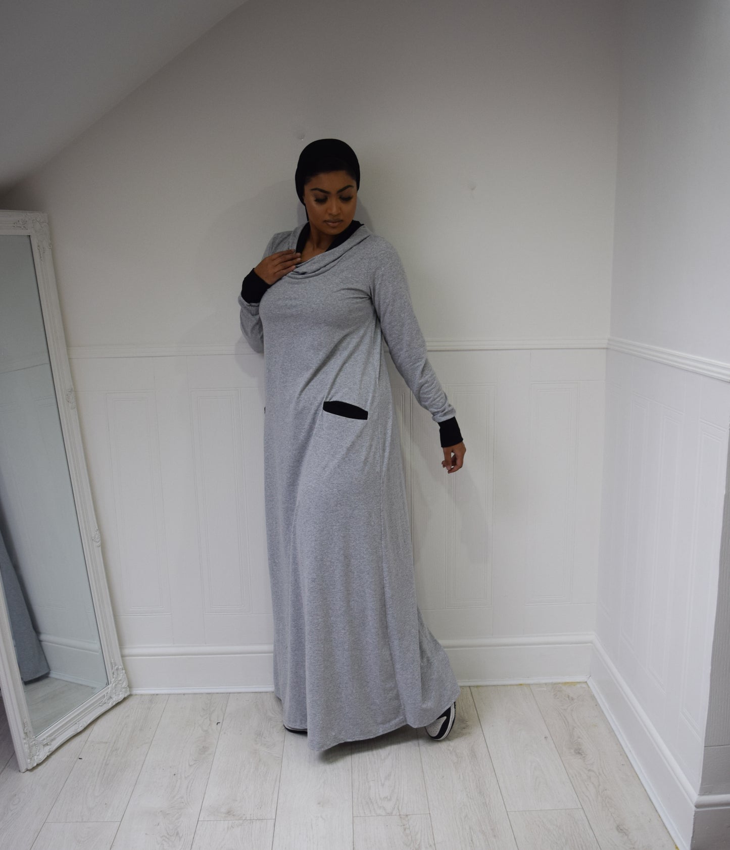 Hooded A-Line Abaya with pockets Marl Grey