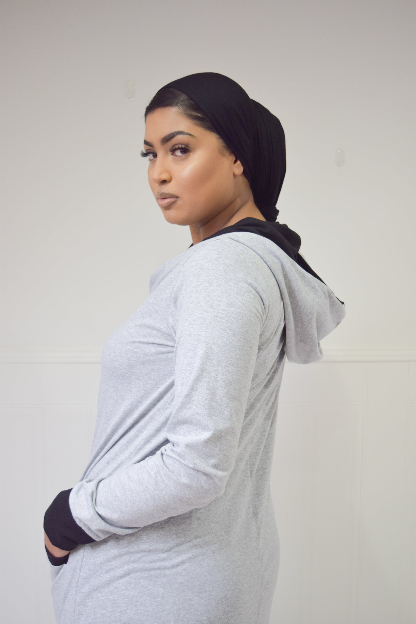 Hooded A-Line Abaya with pockets Marl Grey