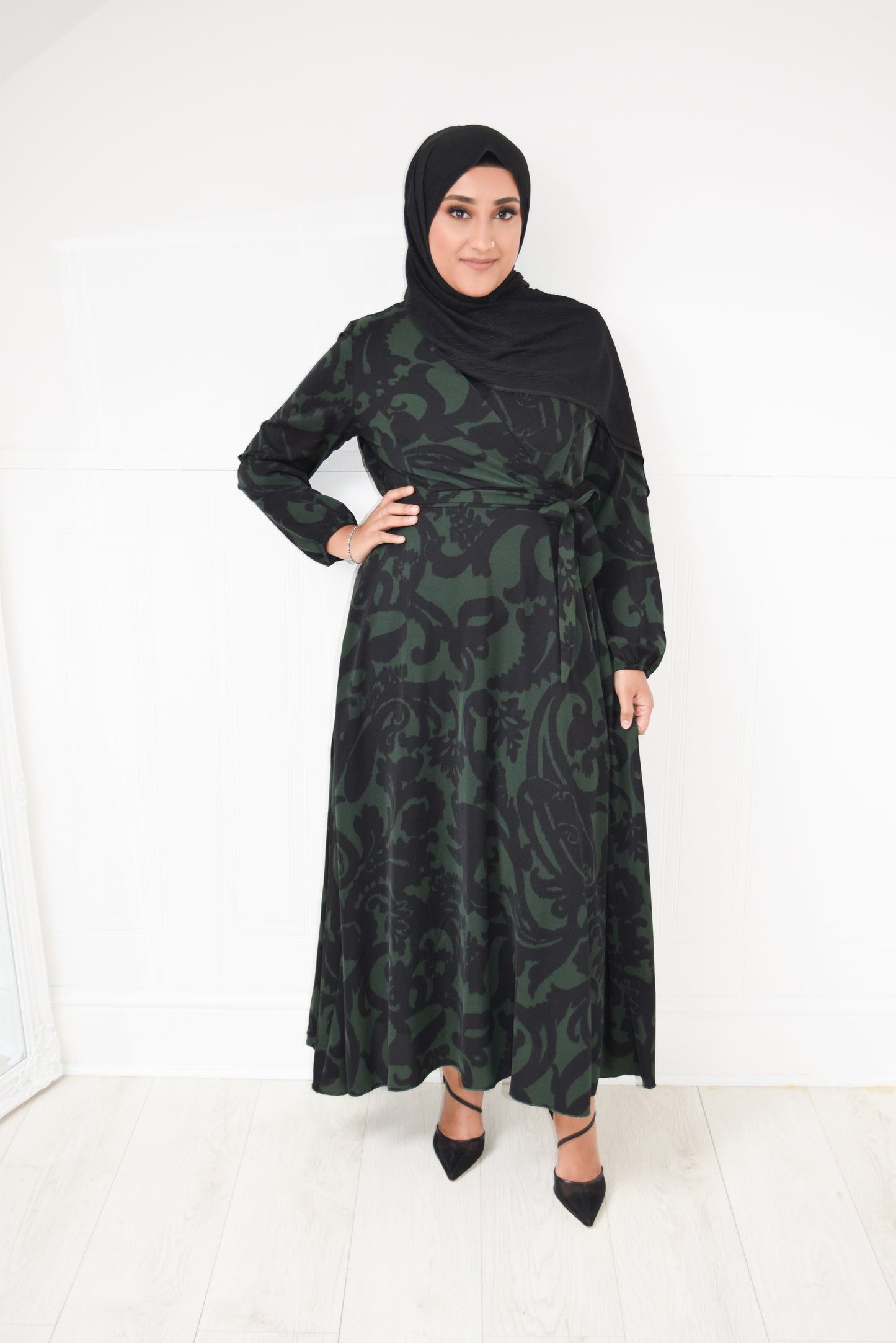 Modest Maxi Dress Aline wrap Black Forest